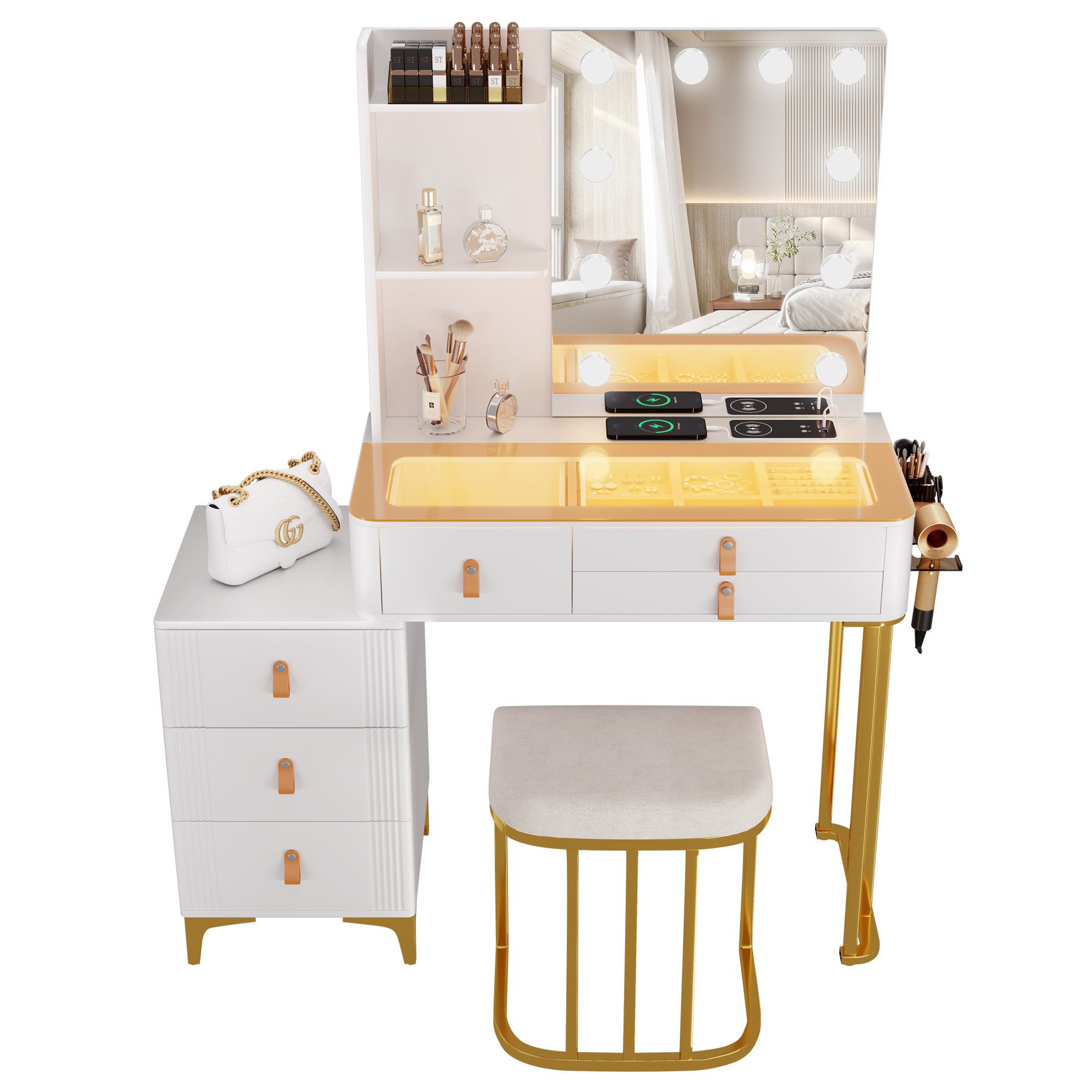 FREDEES Schminktisch mit Beleuchtung und Spiegel, großer Tisch mit Stuhl, 6 günstig online kaufen