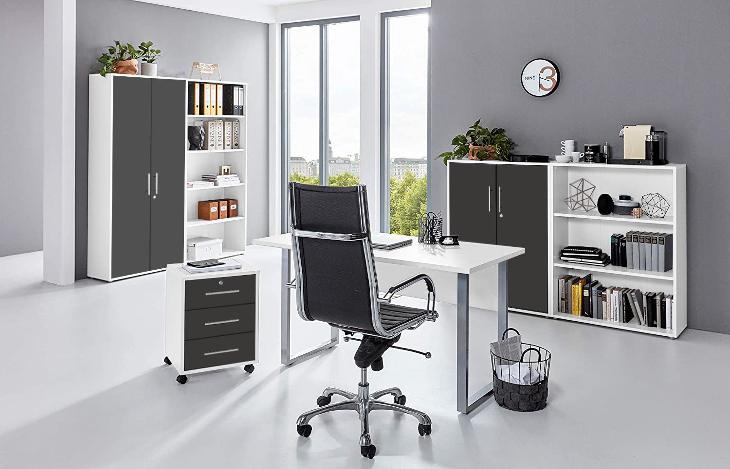moebel-dich-auf Büromöbel-Set TABOR Set 1, (abschließbar, 6-tlg., Schreibtisch mit Rollcontainer + 2 Aktenschränke + 2 Aktenregale), mit Edelstahlgriffen & lackierten Fronten, MADE IN GERMANY