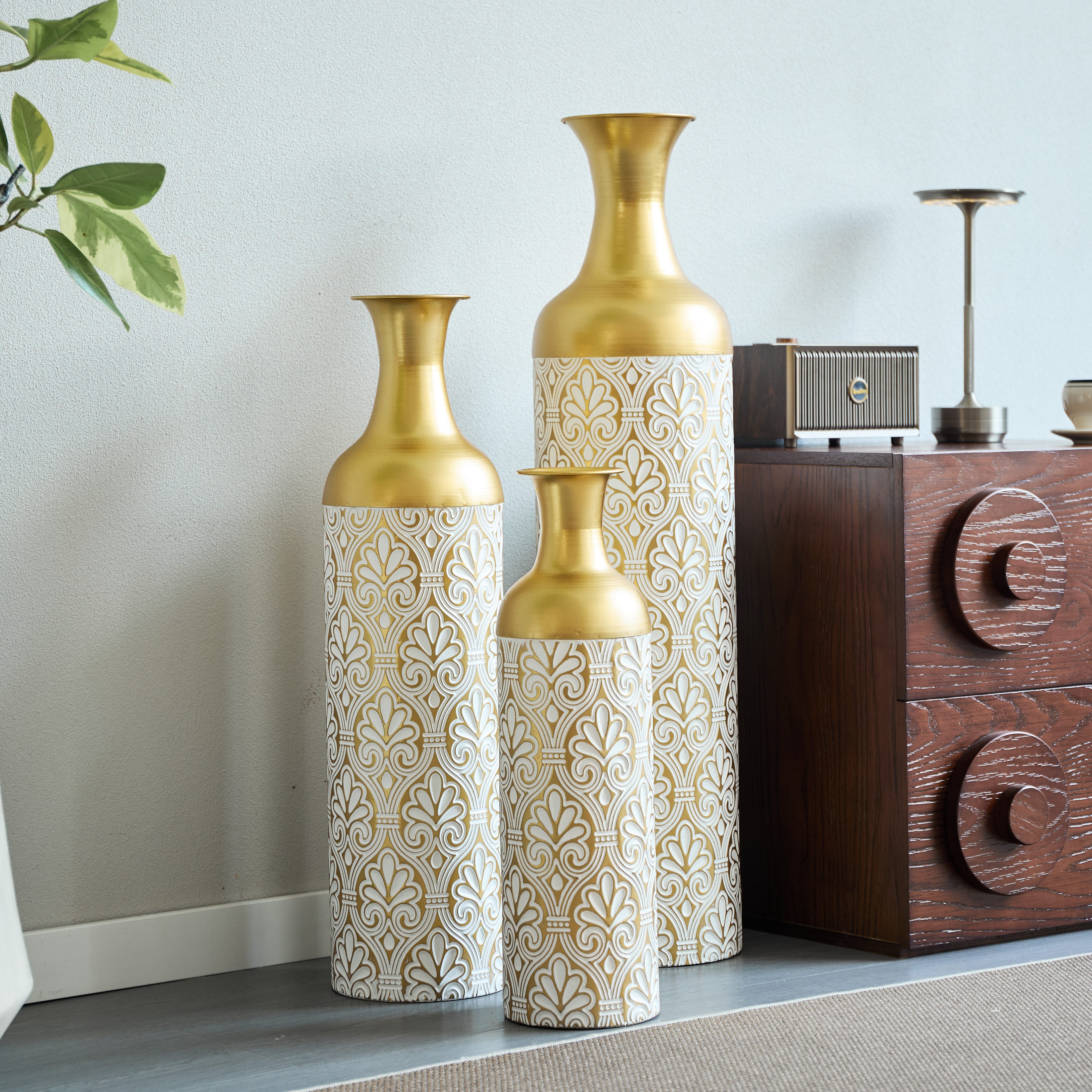 Fine Life Pro Bodenvase Bodenvase groß 3er Set Gold mit Blumenmuster, 50/66/83 cm, Übertöpfe für Pflanzen, Wohnzimmer Flur Büro, Vintage