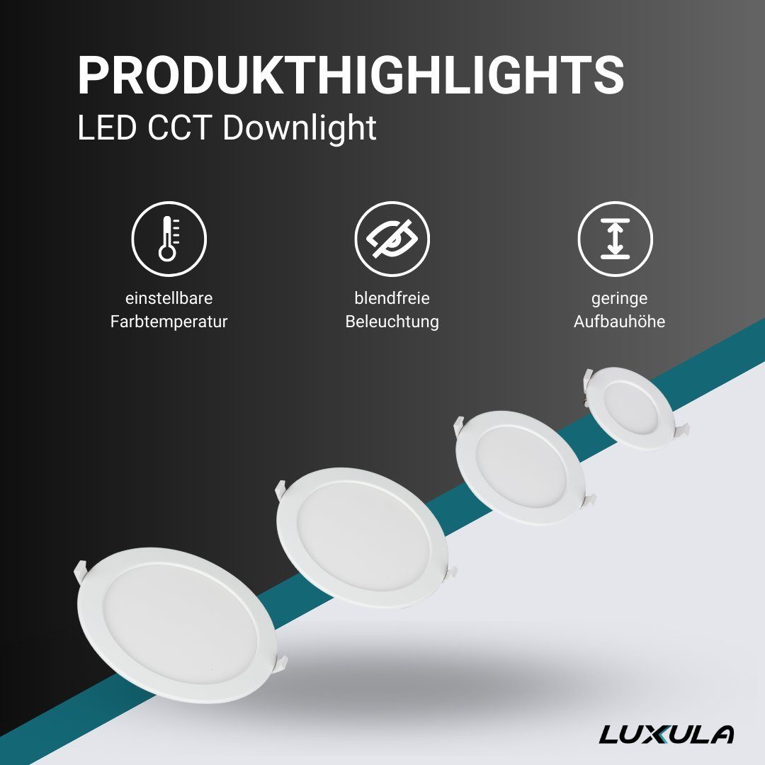 LUXULA LED Einbauleuchte LED CCT Downlight, 24W, 2565lm, ø240x32mm, 3000-4000-6000K einstellbar, LED fest integriert, warmweiß, CCT, neutralweiß, kaltweiß