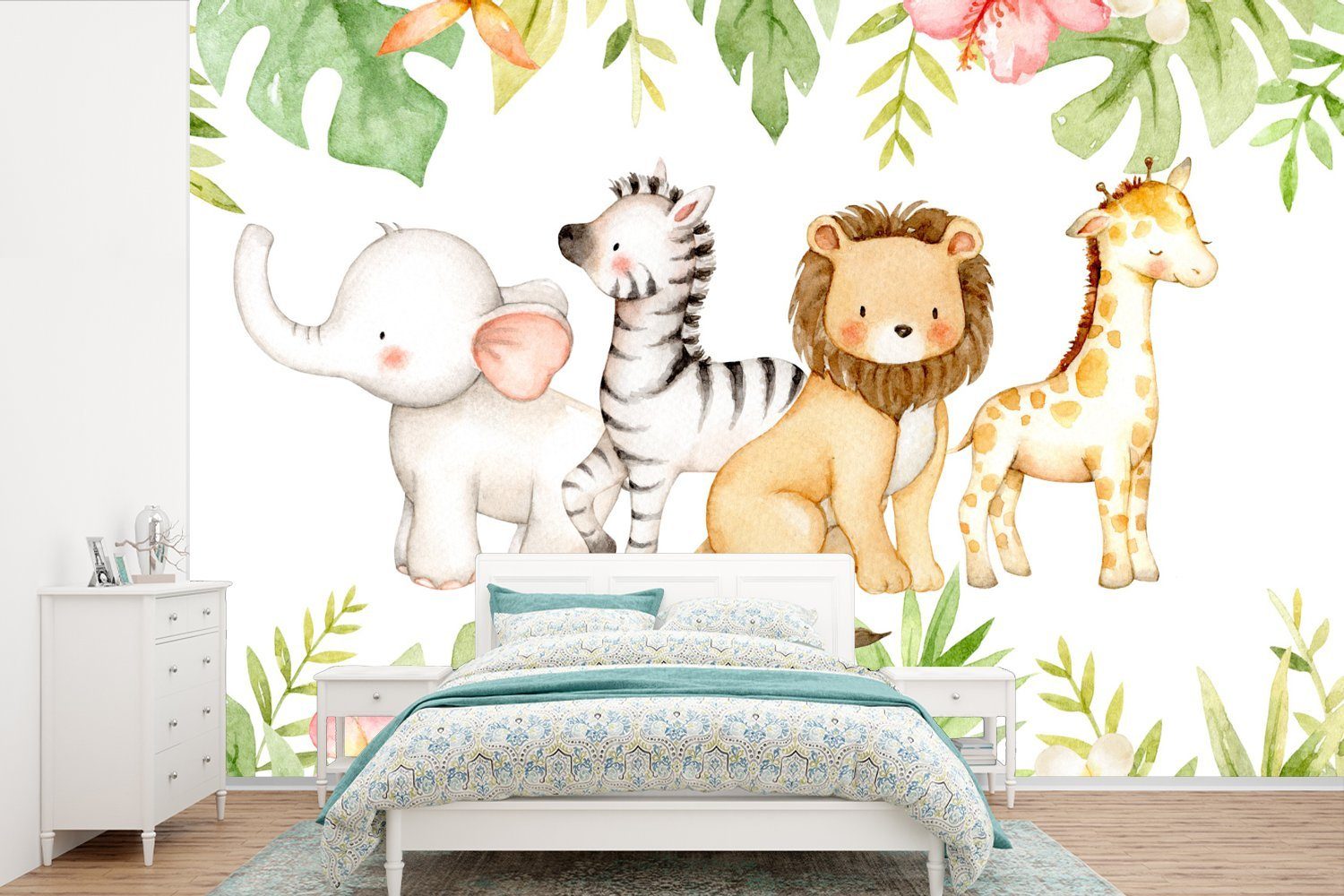 MuchoWow Fototapete Dschungel - Tiere - Aquarellfarbe, Matt, bedruckt, (6 St), Wallpaper für Wohnzimmer, Schlafzimmer, Kinderzimmer, Vinyl Tapete