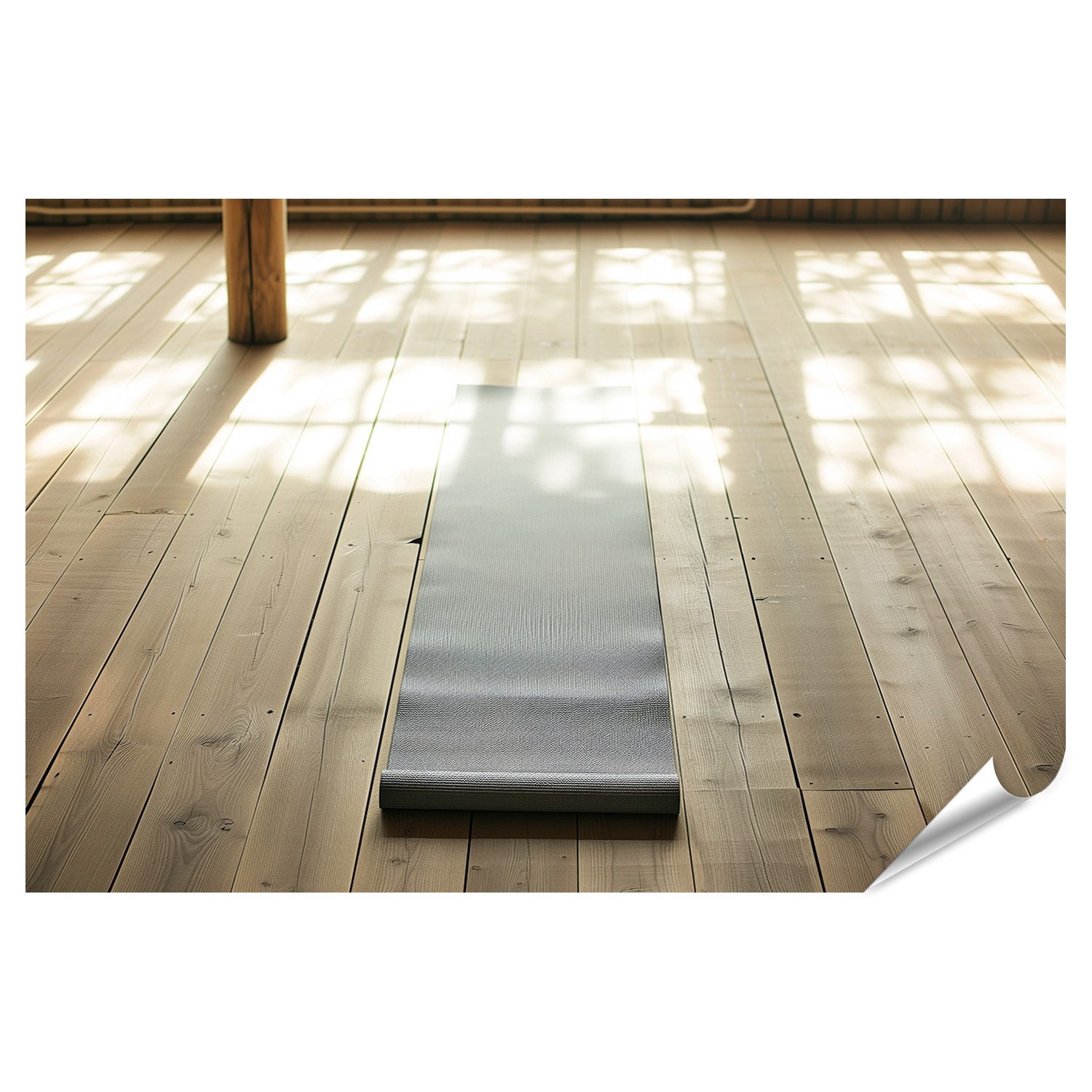 islandburner Poster Eine einzelne Yogamatte auf Holzboden mit Person in dynamischer Pose Y