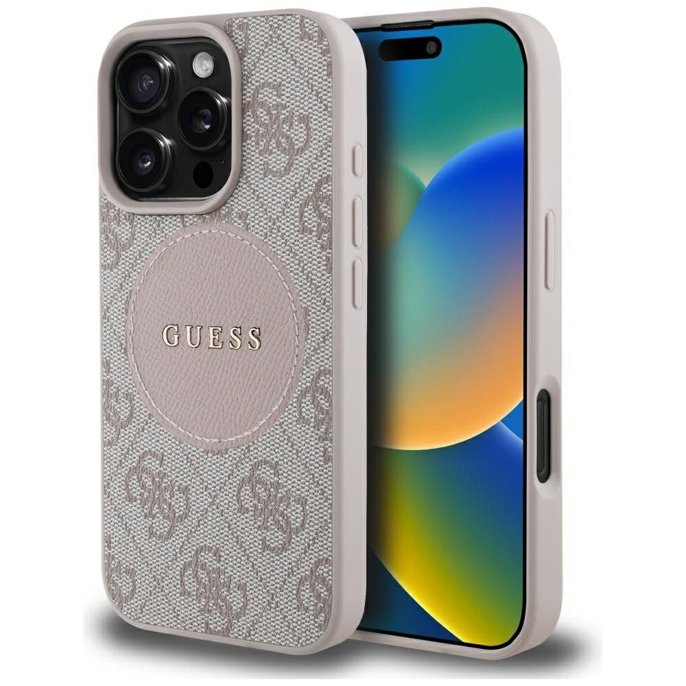 Guess Handyhülle iPhone 16 Pro Max Kunstleder rosa MagSafe Logo goldfarben 6,9 Zoll, Kantenschutz