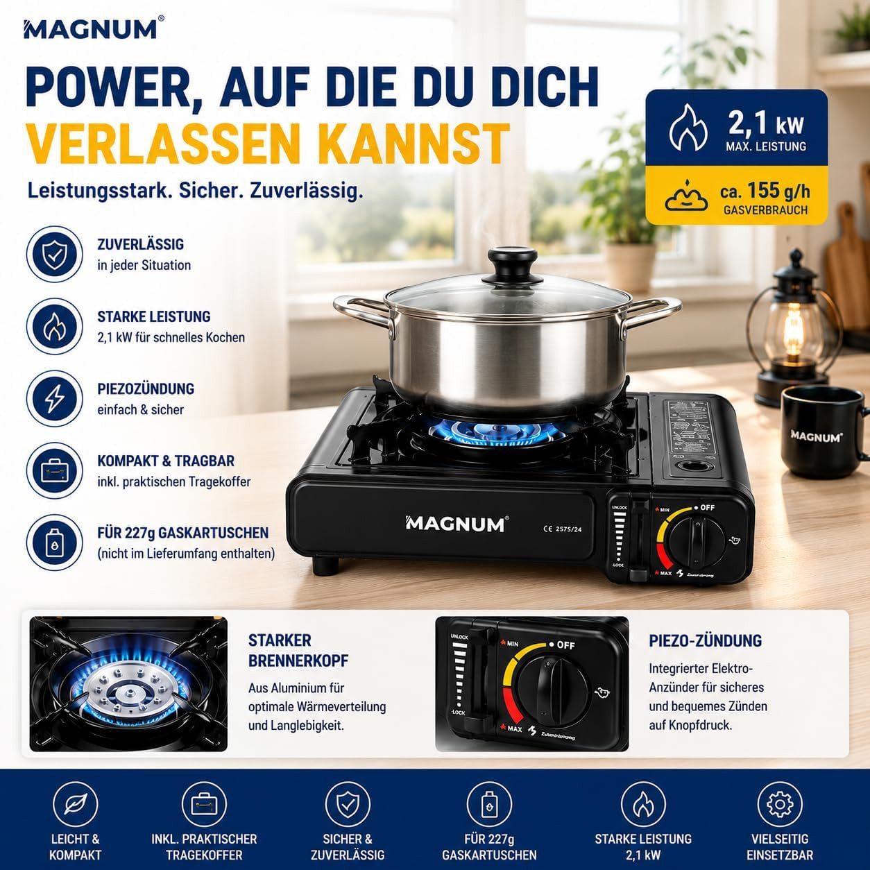 Magnum Wave Gaskocher Gaskocher Camping [2,1 kW] Piezozündung Tragekoffer 4 Kartuschen, 2,1 kW · Piezozündung · Tragekoffer · 4 Kartuschen inkl.