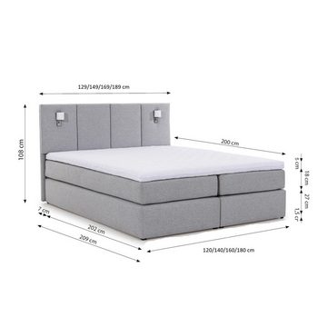 Furnix Boxspringbett VESTRIA 120/140/160/180x200 Polsterbett mit Beleuchtung und Topper, strapazierfähiger, pflegeleichter Stoff, Bonellfederkern H3