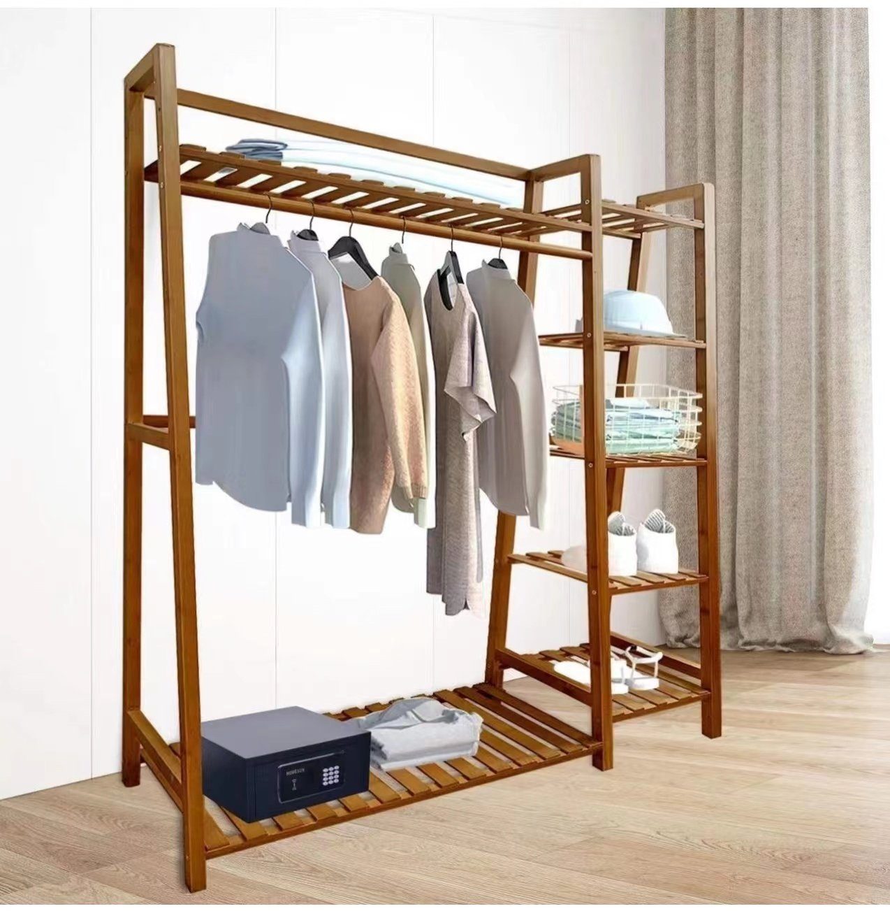 cm) x mit Schlafzimmergarderobe 140 (110 little Multifunktionale 36x dove Kleiderschrank Bambus 7 Ablagen Kleiderständer