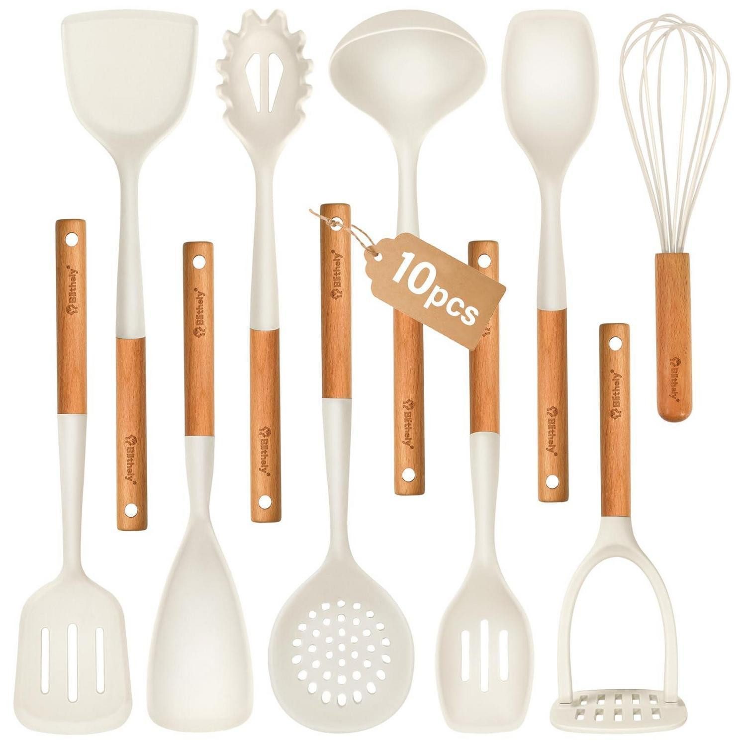 LuxusKollektion Küchenorganizer-Set Silikon Küchenhelfer Set 10-teilig Holzgriff Weiß