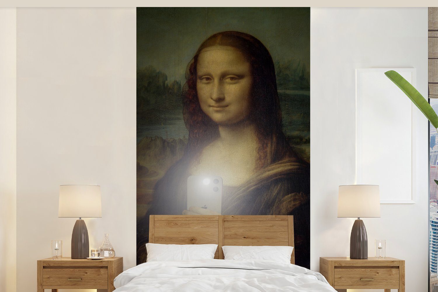MuchoWow Fototapete Mona Lisa - Da Vinci - Telefon, Matt, bedruckt, (2 St), Vliestapete für Wohnzimmer Schlafzimmer Küche, Fototapete