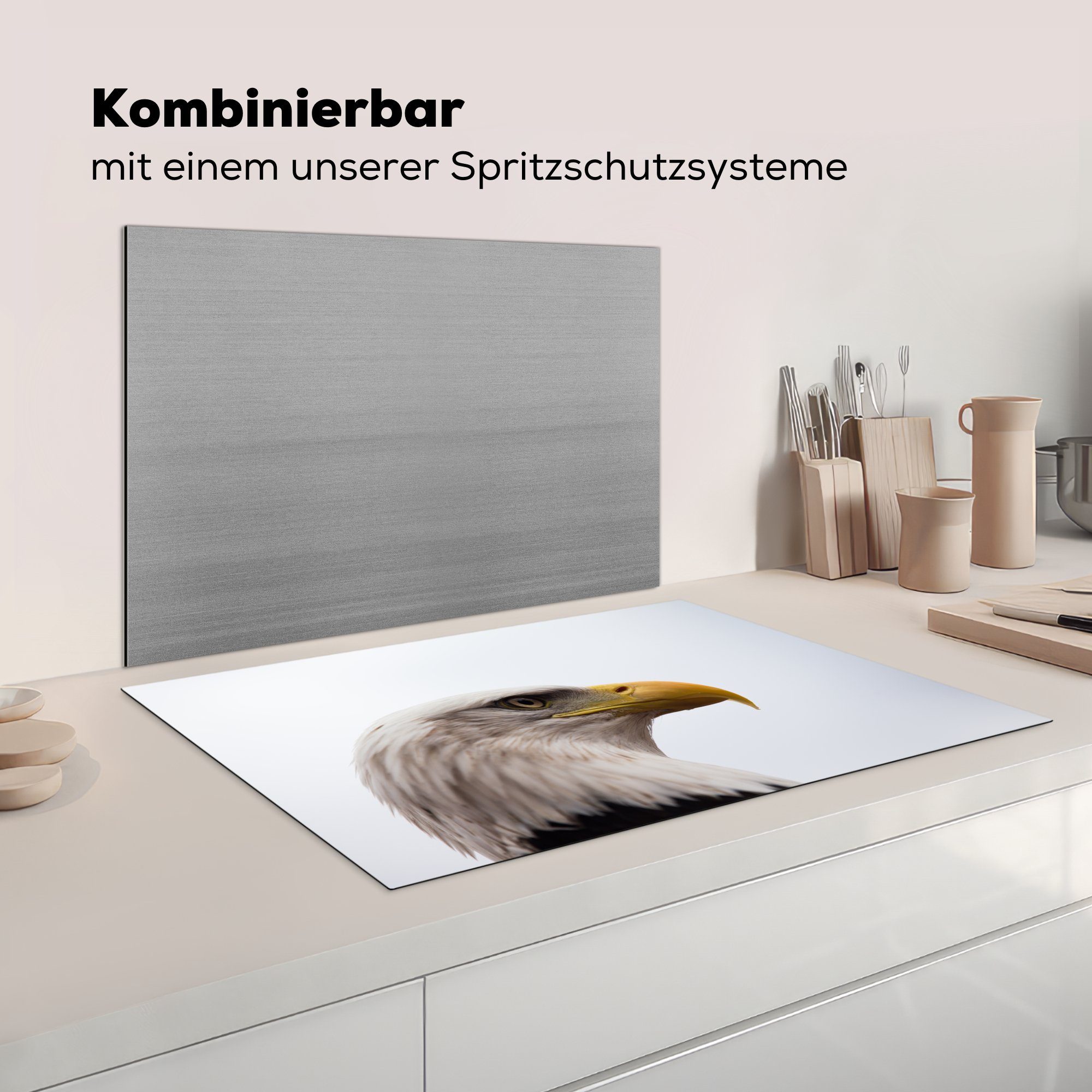 - für Schnabel, Adler Vinyl, Porträt Ceranfeldabdeckung die - Herdblende-/Abdeckplatte Adler küche, tlg), Raubvogel (1 Induktionskochfeld - Schutz MuchoWow - Vogel cm, 81x52 -