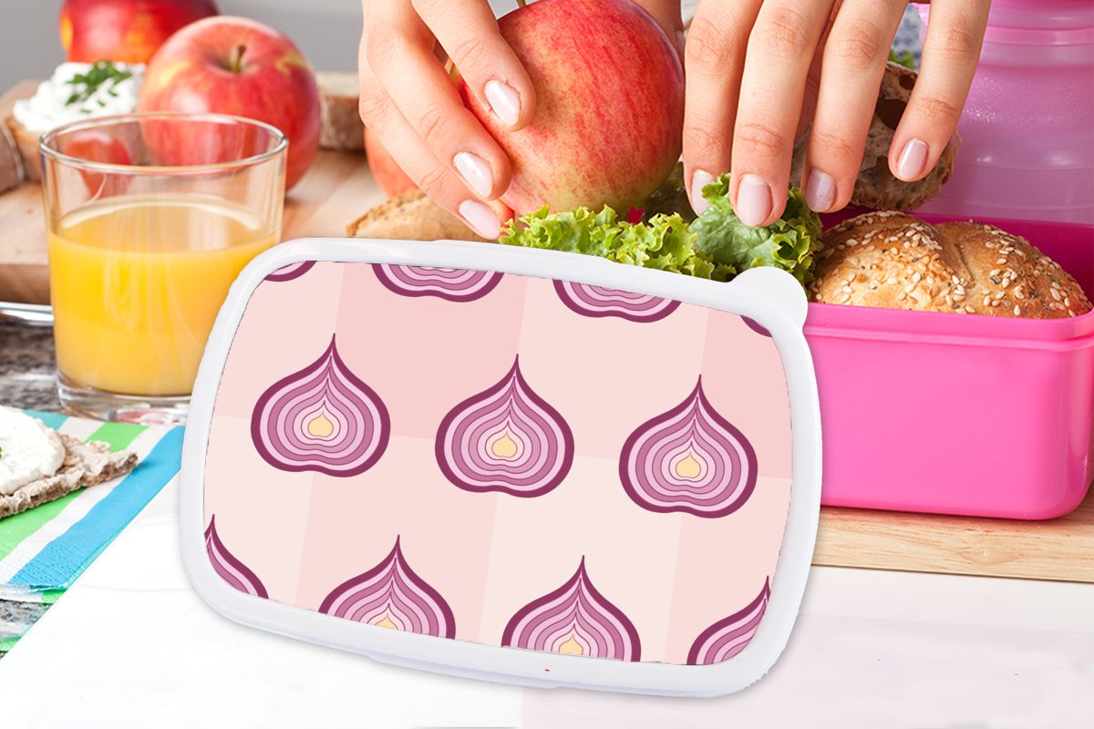 MuchoWow Lunchbox Muster Zwiebeln, rosa Lila Kunststoff, Erwachsene, Mädchen, für Kinder, Kunststoff Snackbox, (2-tlg), Brotbox - - Brotdose