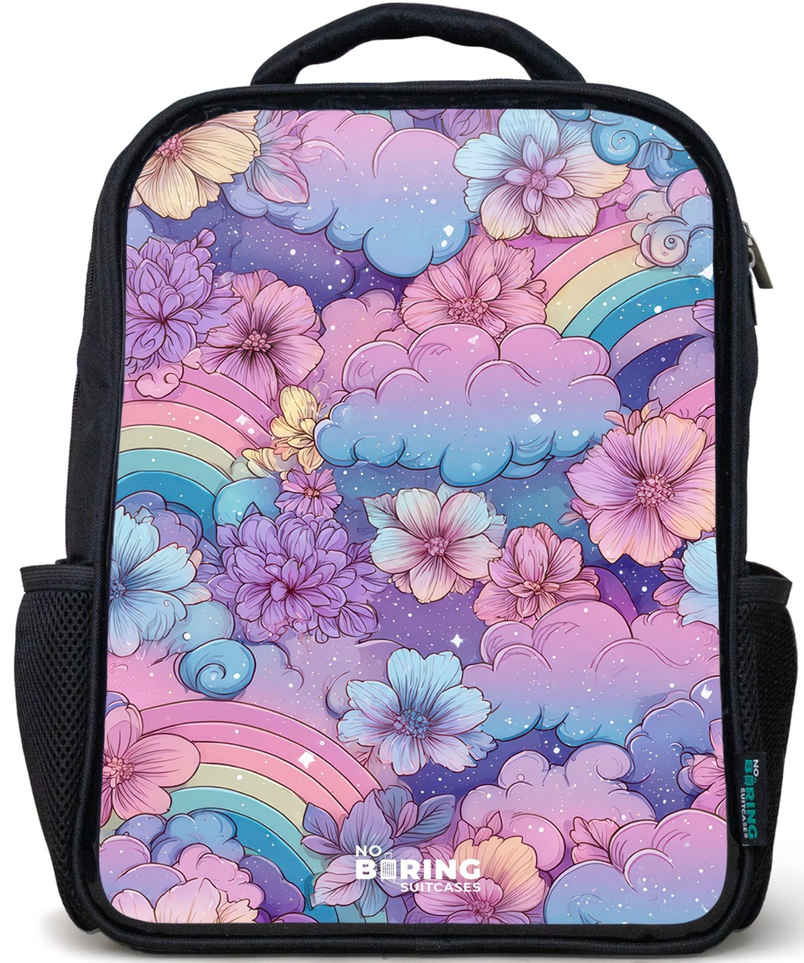 NoBoringSuitcases.com© Rucksack Schwarz - Illustration von Wolken, Regenbögen und Blumen, Kinderrucksack Schwarz, Schulrucksack, Freizeitrucksack Jungen Mädchen