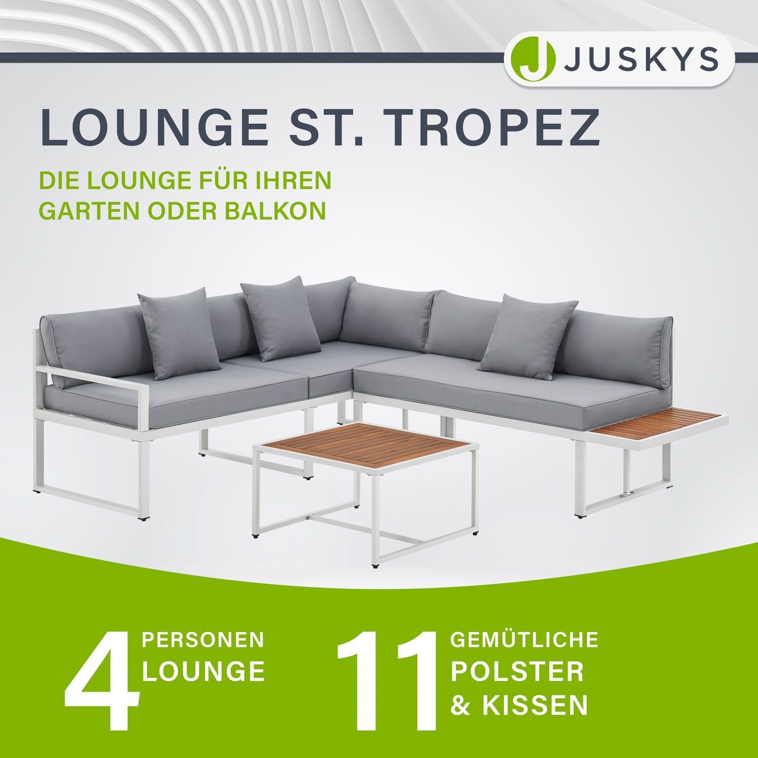 Juskys Gartenlounge-Set St. Tropez, (4-tlg), Gartenmöbel Lounge für 4 Personen, Set mit Ecksofa, Tisch & Kissen