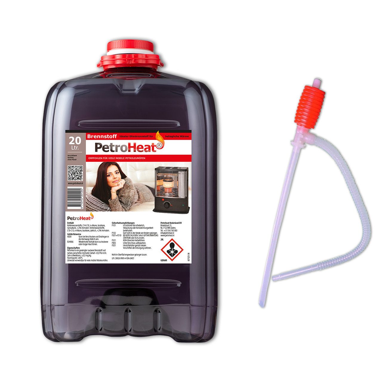 PetroHeat Petroleum 20 Liter Brennstoff gerusarm für Petroleumofen, mit Handpumpe, für mobile Petroleum-Heizung, Petroleumöfen