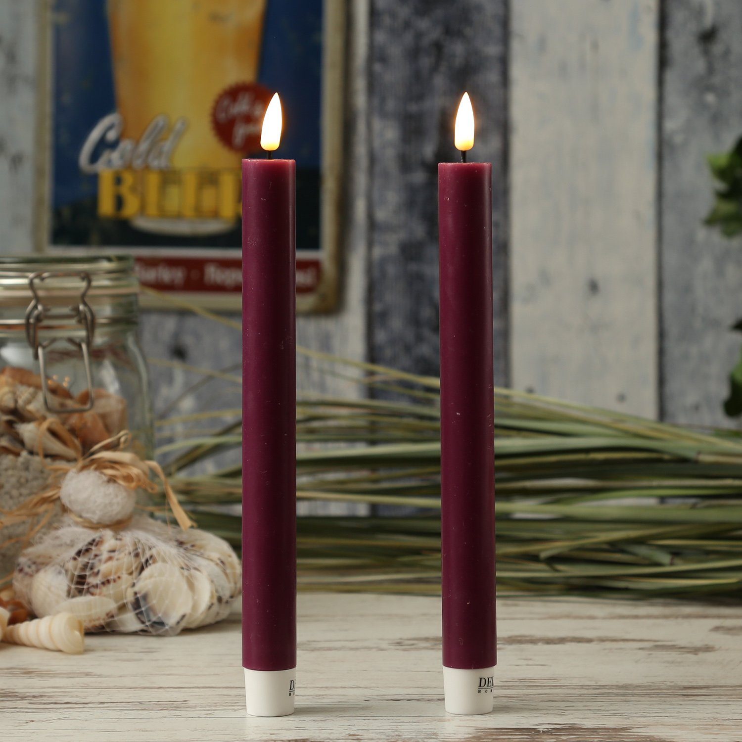 Deluxe Homeart LED-Kerze LED Stabkerzen Mia Tafelkerzen Echtwachs flackernd H: 24cm beere 2St, LED Classic, warmweiß (2100K bis 3000K)