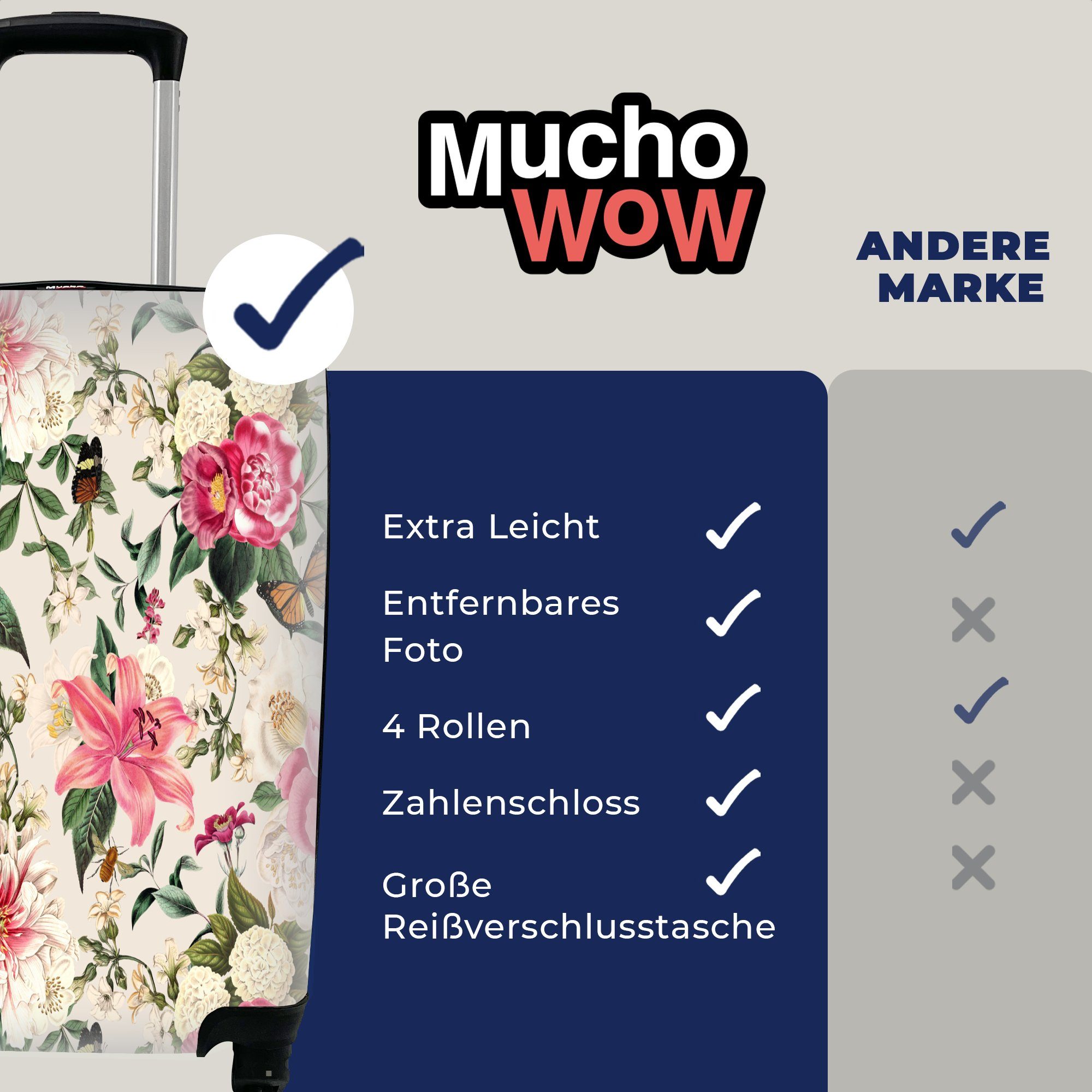 MuchoWow Handgepäckkoffer Blumen mit Reisetasche rollen, Trolley, Reisekoffer - - Insekten, Lilie für 4 Ferien, Rollen, Handgepäck
