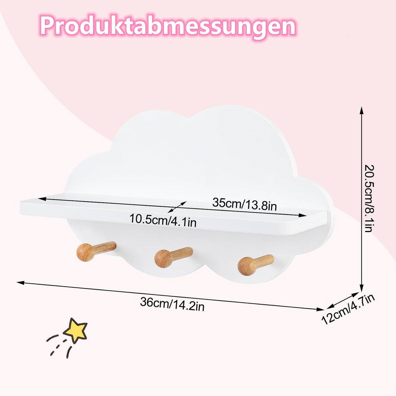 Woltu Wandregal, 1-tlg., Kinder Wolkenregal mit Haken, weiß