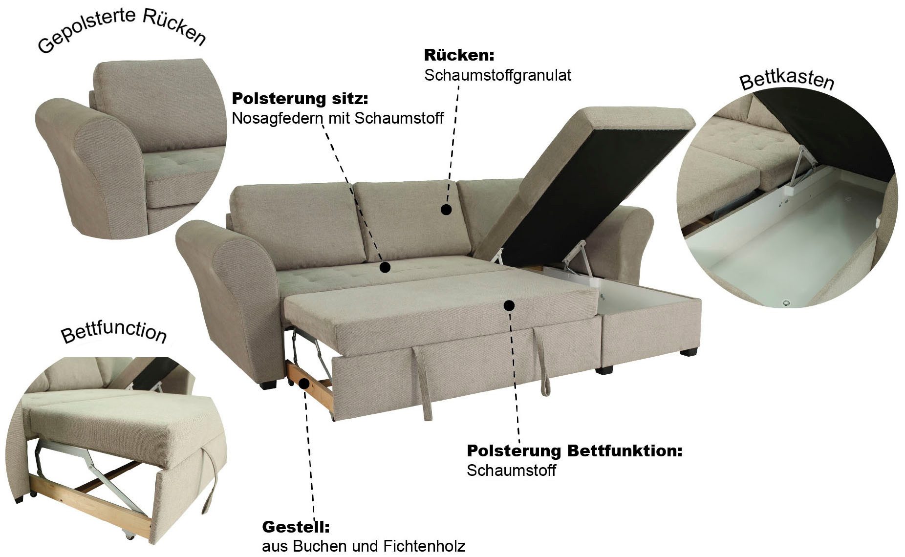 Trends by HG Ecksofa Lasse L-Form, B: 259 cm, mit Schlaffunktion & Bettkasten