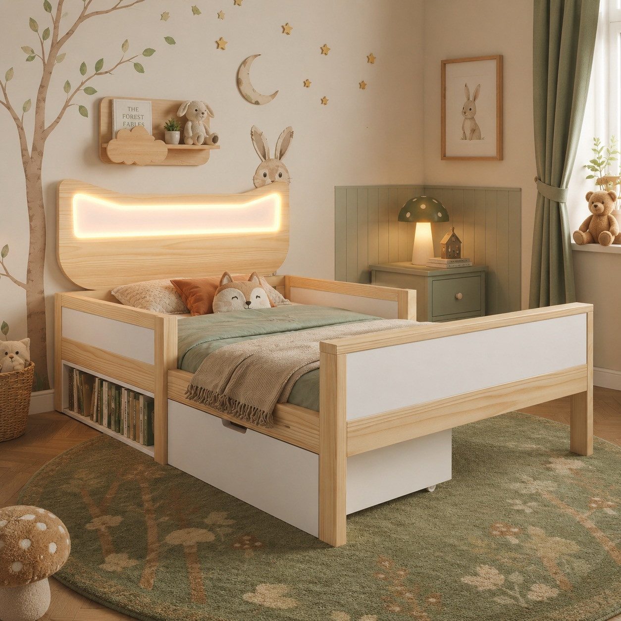 MODFU Kinderbett LED-Beleuchtung, Stauraum & Schutzgitter (Packung, 1-tlg., 90x200 cm Hausbett mit Katzenohren-Kopfteil), Inklusive Lattenrost, Farbe Weiß/Eiche(ohne Matratze)