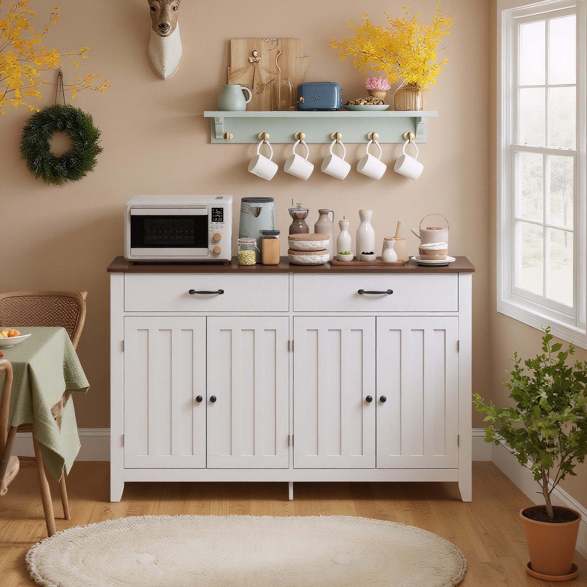 Blishom Buffet Sideboard mit 4 Türen, 2 Schubladen und verstellbaren Einlegeböden Sideboard, Verstellbare Einlegeböden
