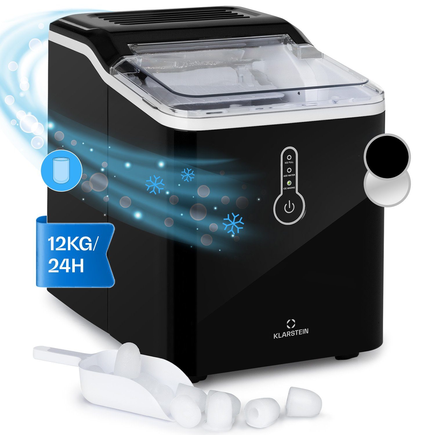 Klarstein Eiswürfelmaschine ChillOut Eiswürfelmaschine 12 kg/24h Bulleteis 1,5 L Tank, Eiswürfelbereiter Ice Cube Maker Bullet-Eis kompakt für die Theke