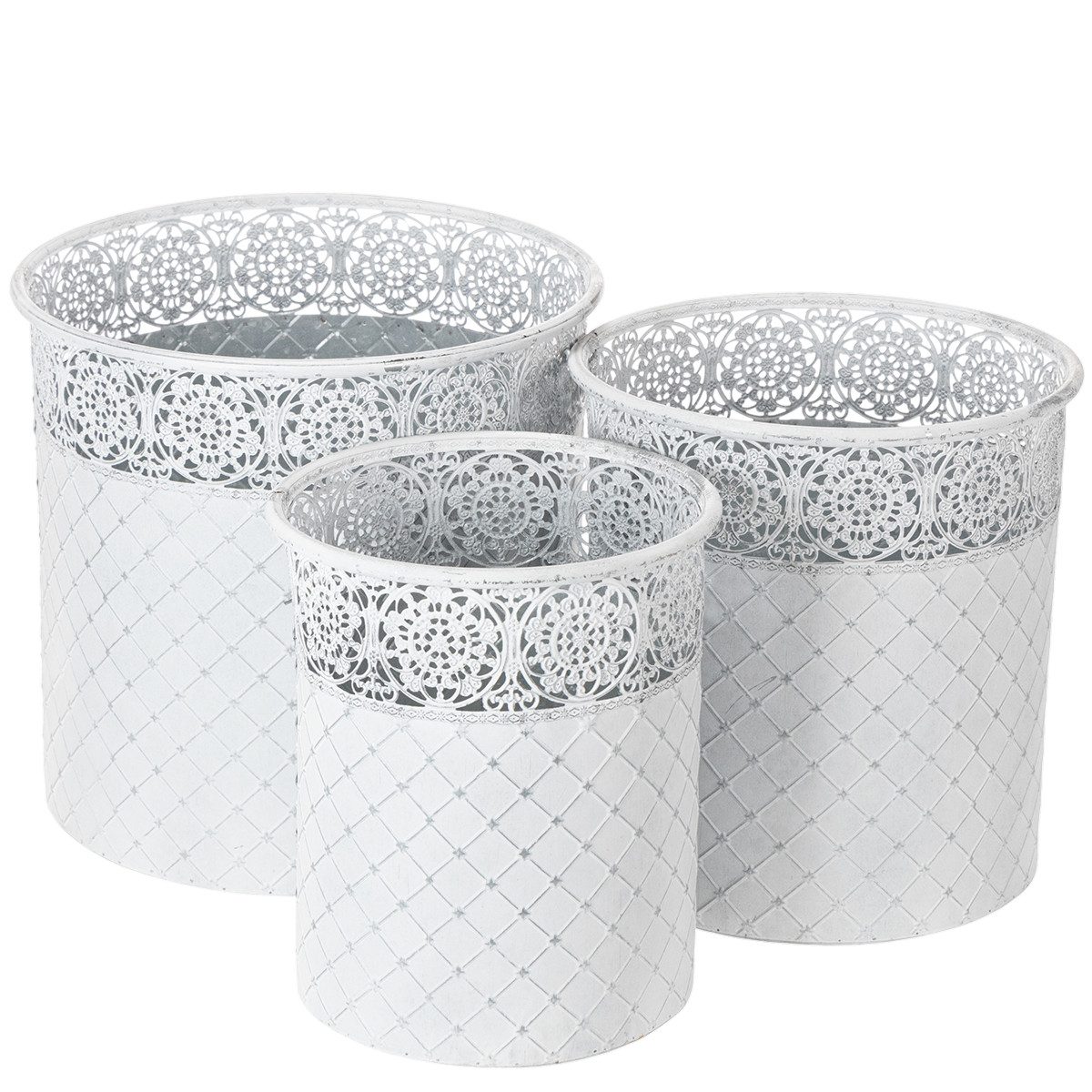 Florists Products Übertopf 3er Set Pflanztopf Spitzenmuster Metallgefäße Weiß Silber