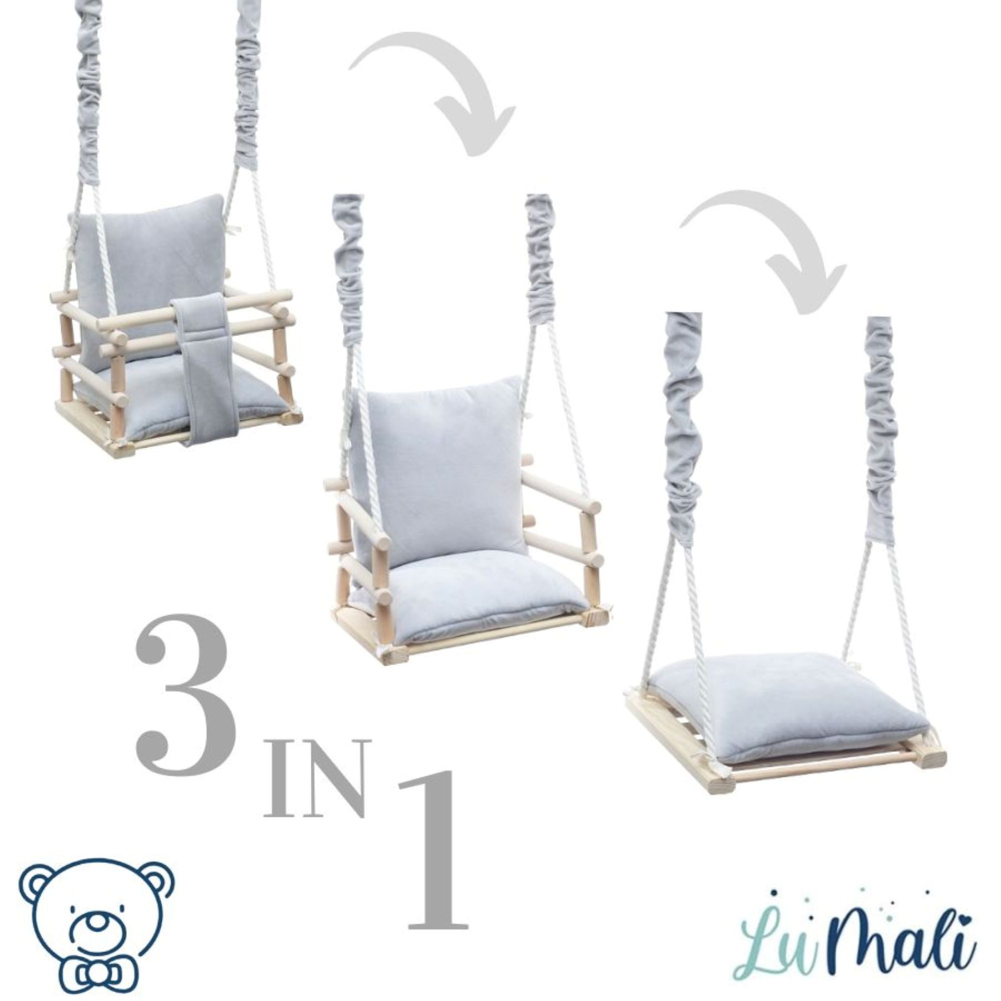 LuMali Babyschaukel Babyschaukel 3in1 Holz Sicherheitsgurt drinnen draußen 34x34x28cm, Kinderschaukel Naturholz Kiefer weich verstellbar 6-36 Monate