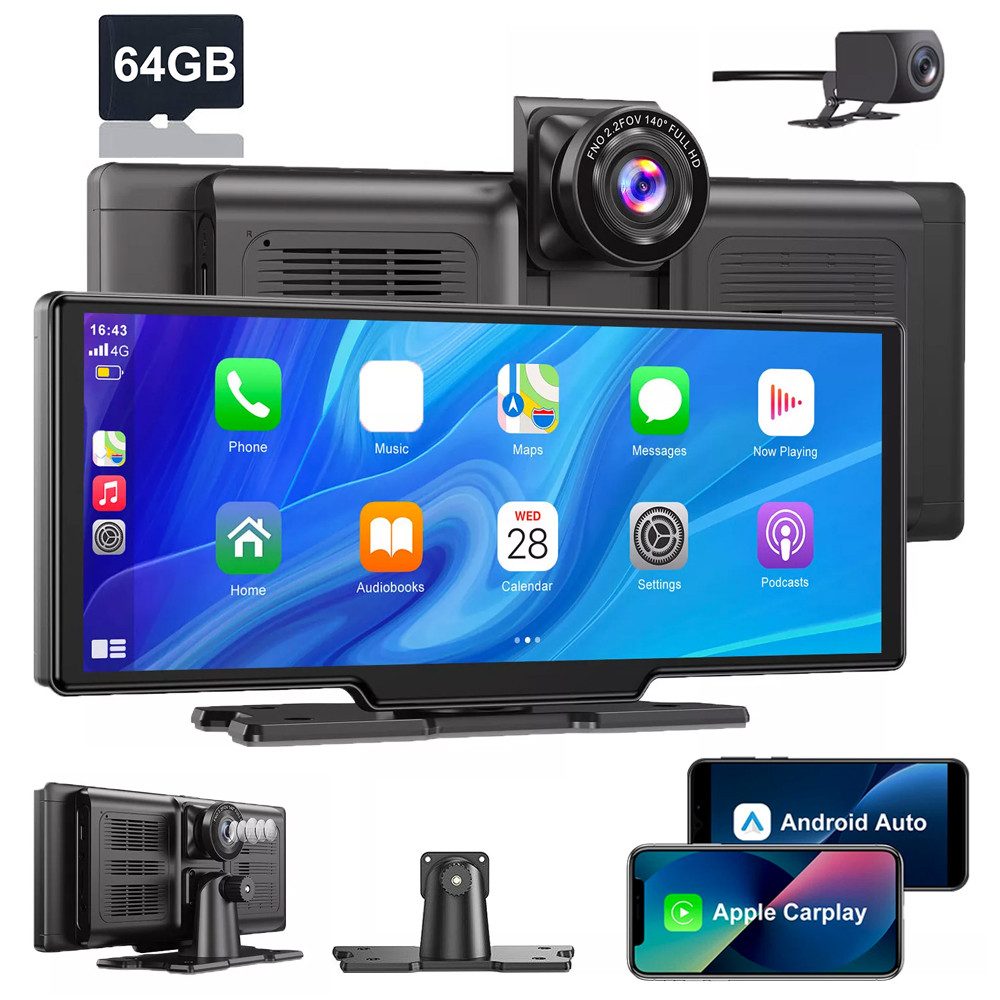 ESSGOO 4K HD 10,26'' Neuestes Auto Android Apple Carplay Rückfahrkamera 64G Dashcam (HD, Tragbar Autoradio Rückfahrkamera IPS Touchscreen GPS Navi FM AUX TF)