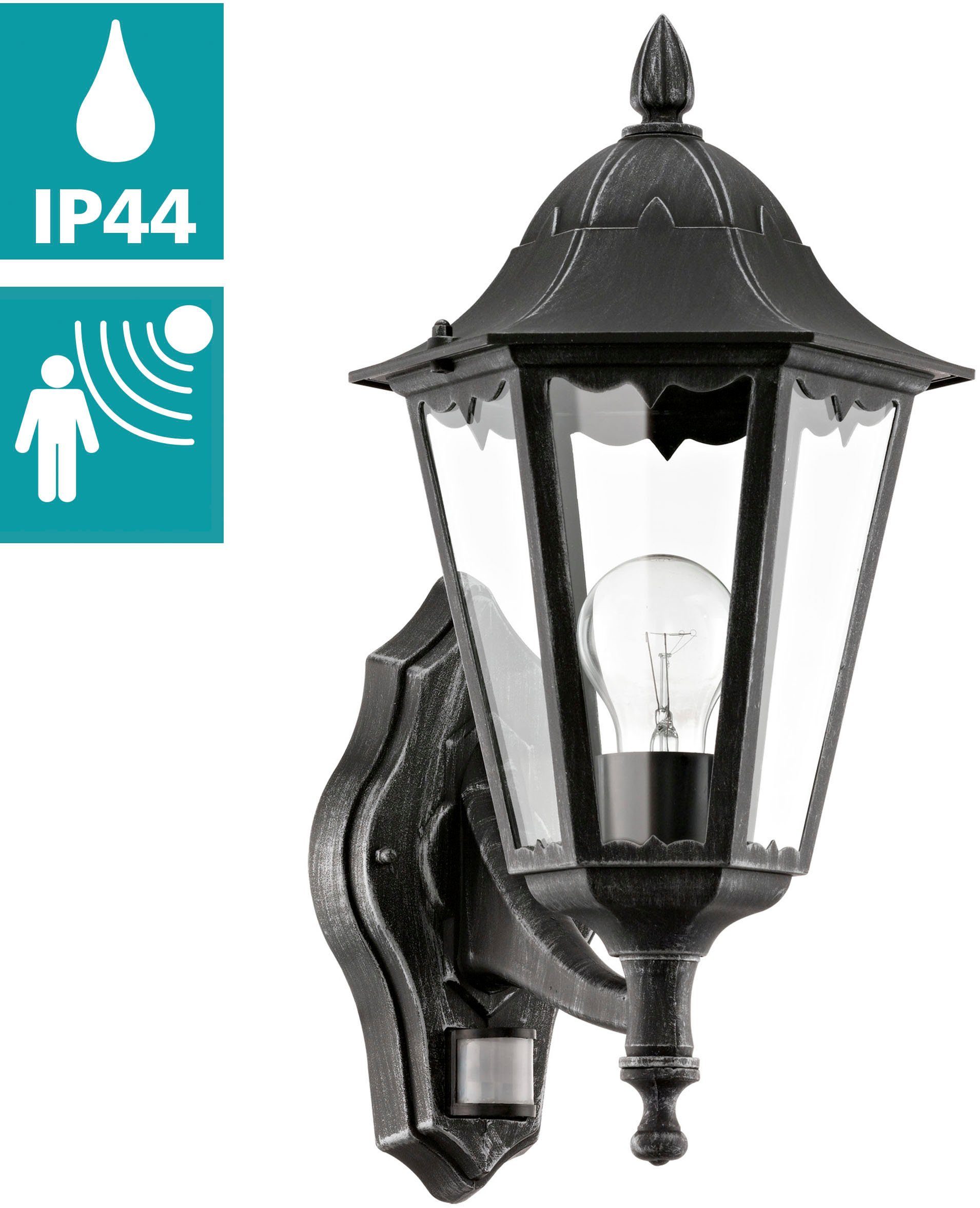 EGLO Außen-Wandleuchte NAVEDO Wandlampe, Außenbeleuchtung, schwarz, silber-patina, klassisch, Bewegungsmelder, Leuchtdauer einstellbar, ohne Leuchtmittel, Eckmontage möglich, Erfassungswinkel 110° / 7m, IP44, 42,5x28,5x20cm