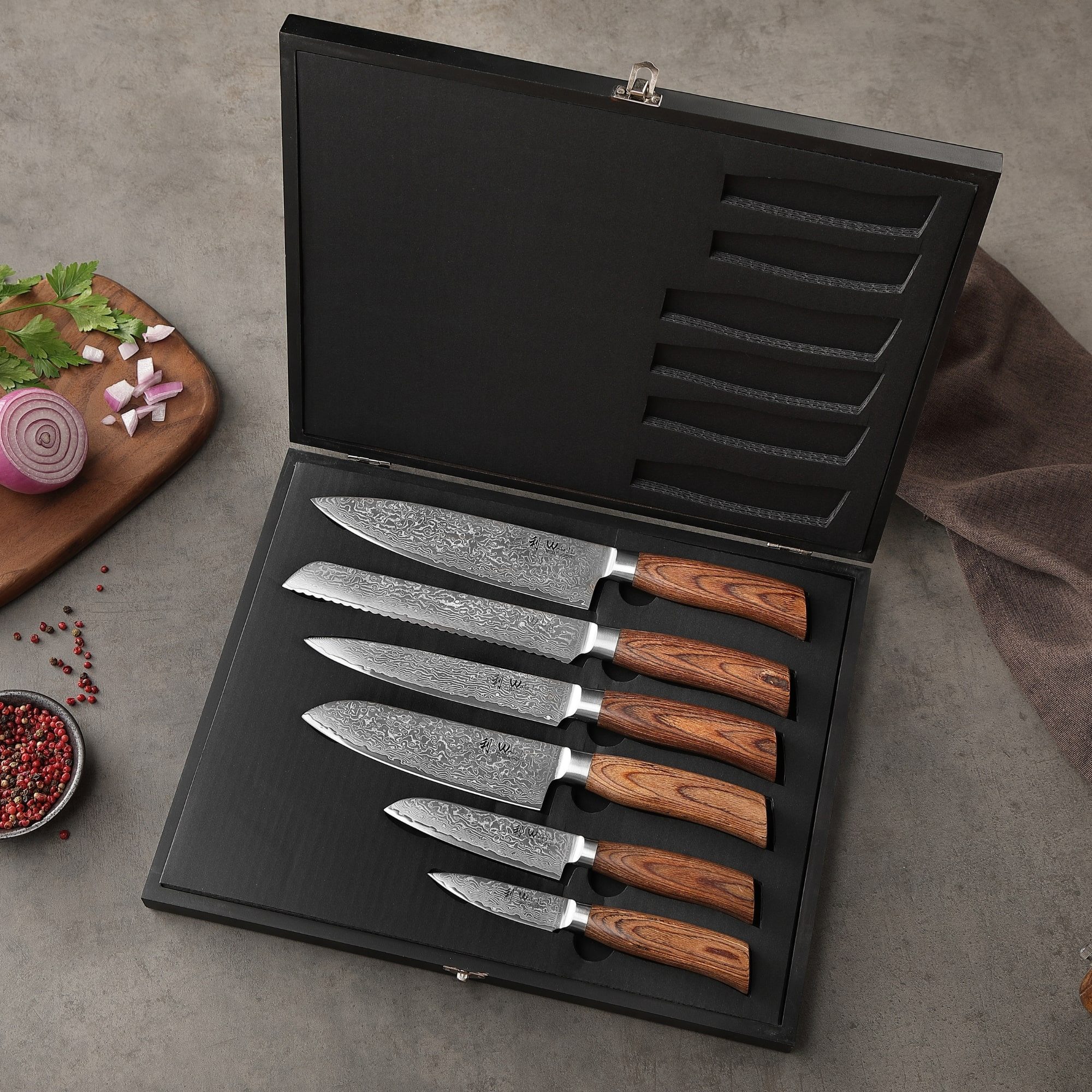 Wakoli Messer-Set Edib Pro 6 Damastmesser I Küchenmesser 8-20cm Klingen Pakkaholzgriffe (Damastmesser mit Geschenkbox, 6-tlg., 6er Damastmesser-Set mit Holzbox), Aus 67 Lagen Damaststahl, VG-10 Stahlkern