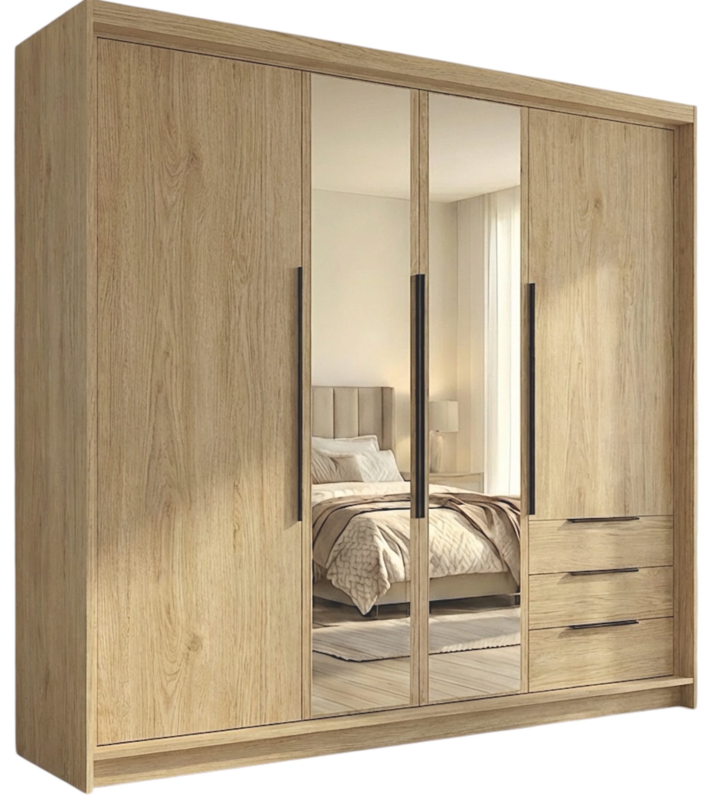 A&J MöbelLand GmbH Drehtürenschrank VIVO mit integrierten Schubladen (Geräumiger vier¬türiger Kleiderschrank mit Schubladen und Metallgriffen. Geräumiger Schrank mit einer Breite von 200 cm und Schubladen, ideal zur Aufbewahrung von Kleidung und Accessoir