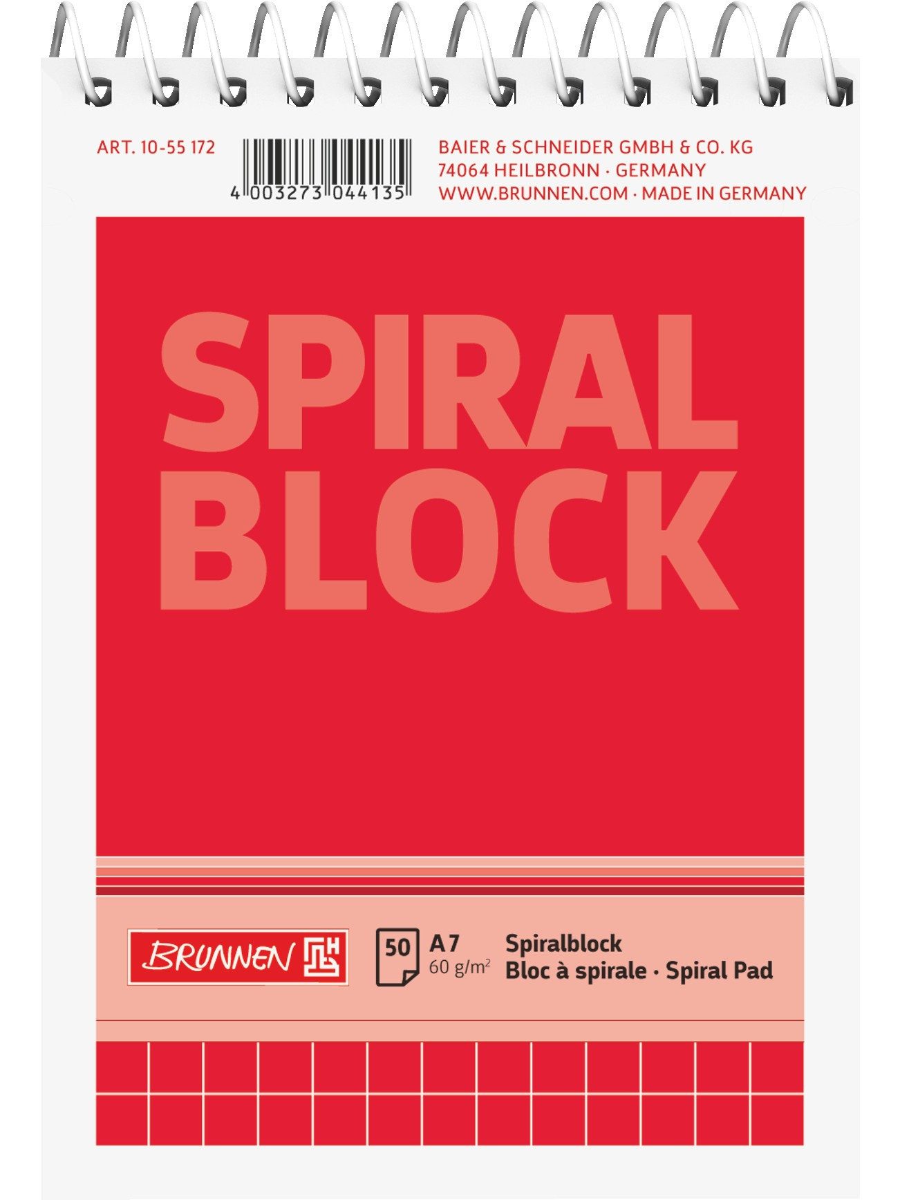 Baier & Schneider Notizblock Spiralnotizblock A7 kariert 50 Blatt rot