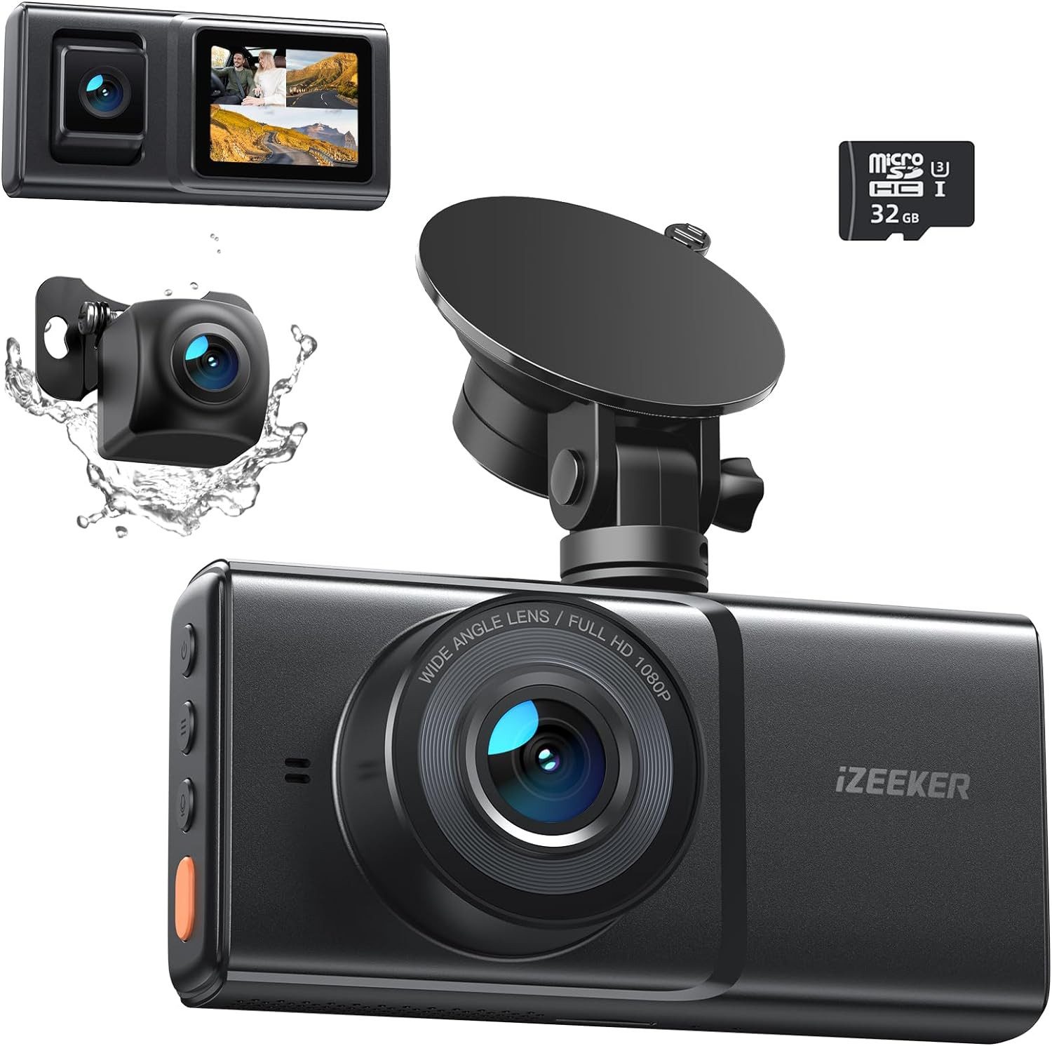 iZEEKER 3-Kanal Dashcam (Full HD, 1080P, 3-Kamera, G-Sensoren, Mit 32GB SD-Karte)