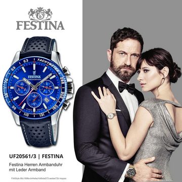 Festina Quarzuhr Festina Herrenuhr Timeless Chronograph, Herren Armbanduhr rund, Lederarmband dunkelblau, Elegant