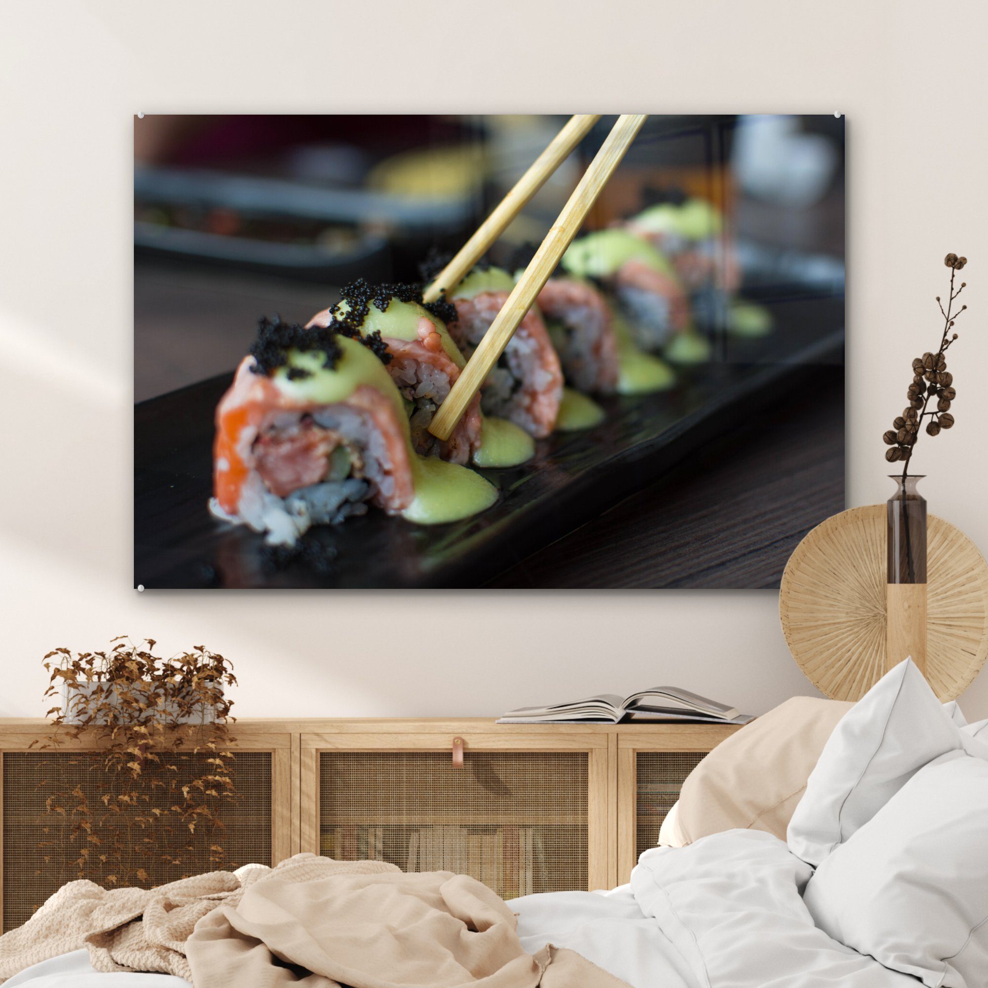 Acrylglasbild Acrylglasbilder Lachs-Sushi Wohnzimmer Schlafzimmer & (1 Stäbchen, mit St), MuchoWow