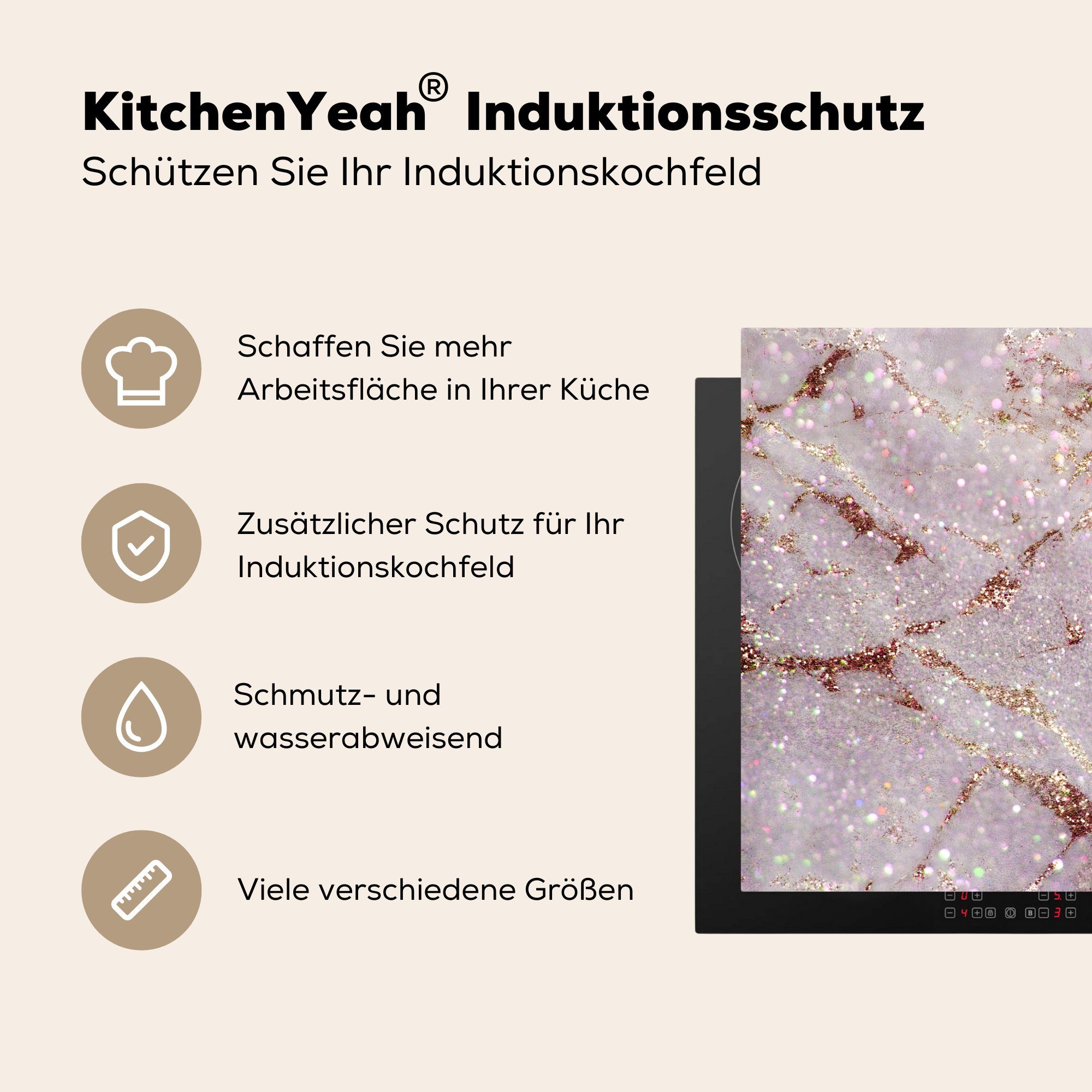 MuchoWow Herdblende-/Abdeckplatte Marmor - Arbeitsplatte für Glitter, tlg), küche cm, 78x78 - (1 Lila Ceranfeldabdeckung, Vinyl