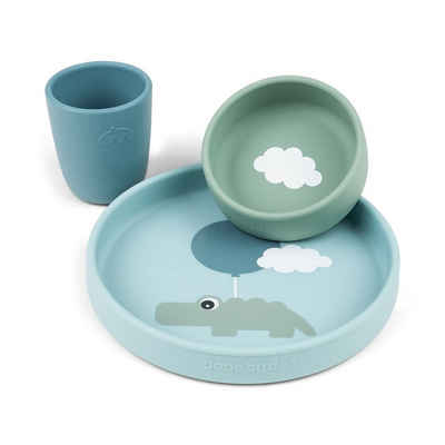 Done by Deer Kindergeschirr-Set Kindergeschirrset Happy Clouds blau Teller Schale Becher Silikon, spülmaschinengeeignet, mikrowellengeeignet