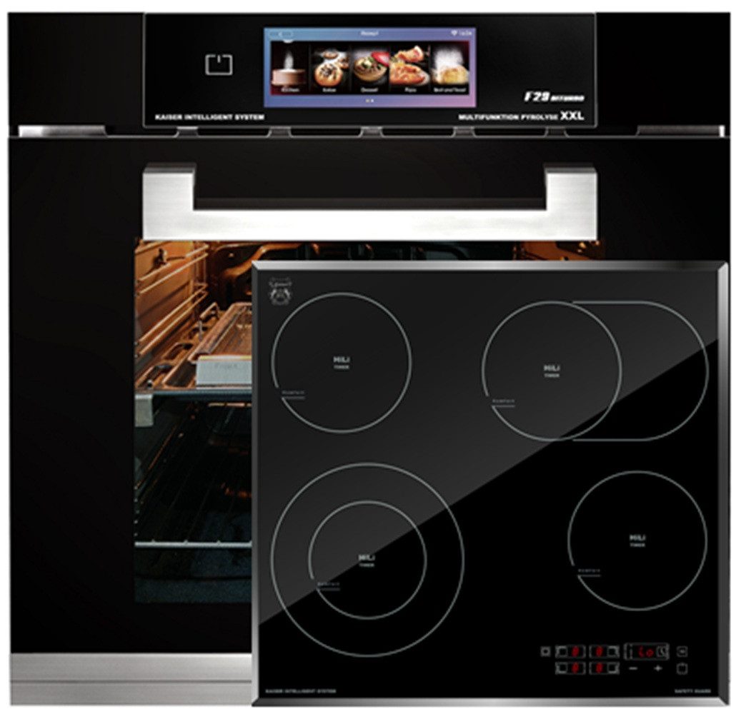 Kaiser Küchengeräte Backofen-Set Herd Set Autark Multifunktions-Elektro-Backofen mit Pyrolyse und Dampfreinigung, TFT Display, 60cm, 86L,Air Fry mit High Light Glaskeramik Kochfeld 60cm Schwarz glas Facettenschliff-Kanten EH 6344 N+KCT 6115 F.., mit 1-fach-Teleskopauszug