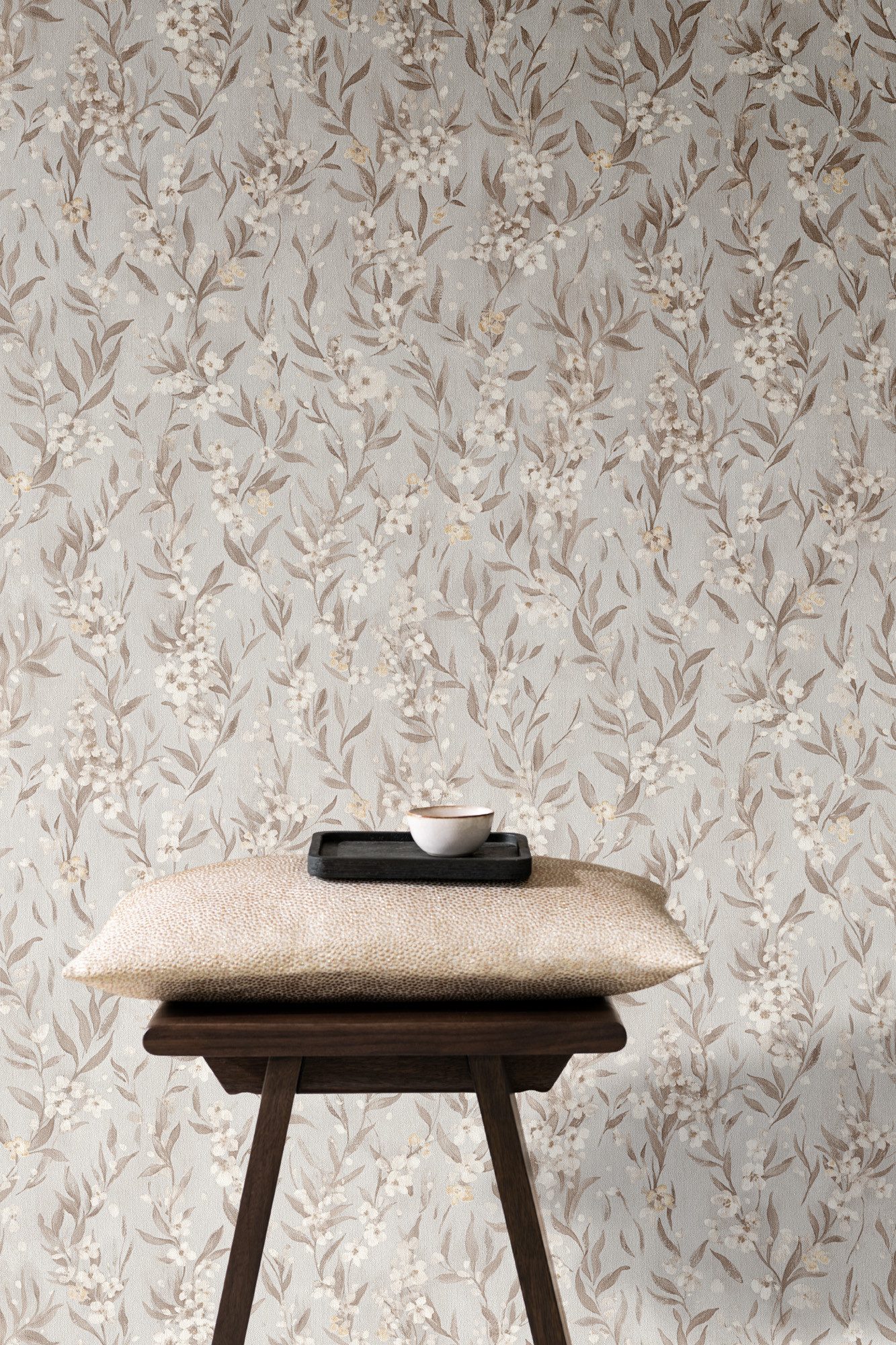 Rasch Vliestapete mit Kirschblüten in Grau - Vliestapete floral - Noble Zen, strukturiert, floral, natürlich, botanisch, geblümt, (1 Rolle, 1 St), Kirschblume
