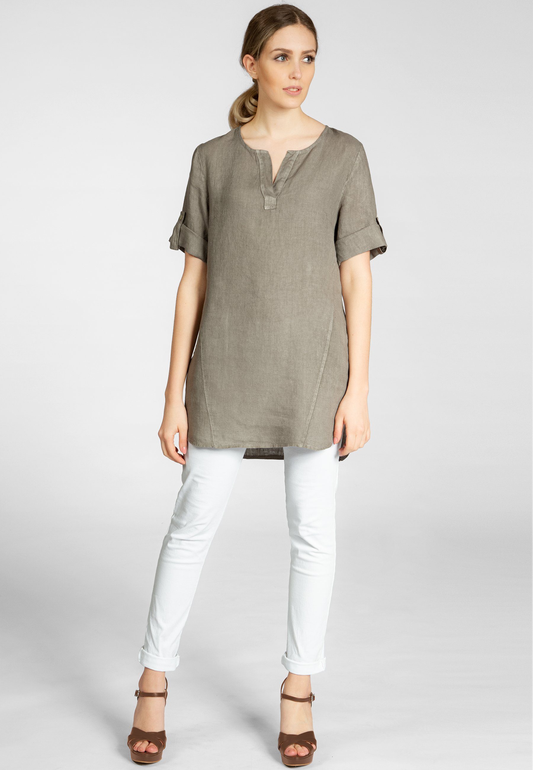 Caspar Longbluse BLU023 lange elegante Damen Halbarm Sommer Leinenbluse
