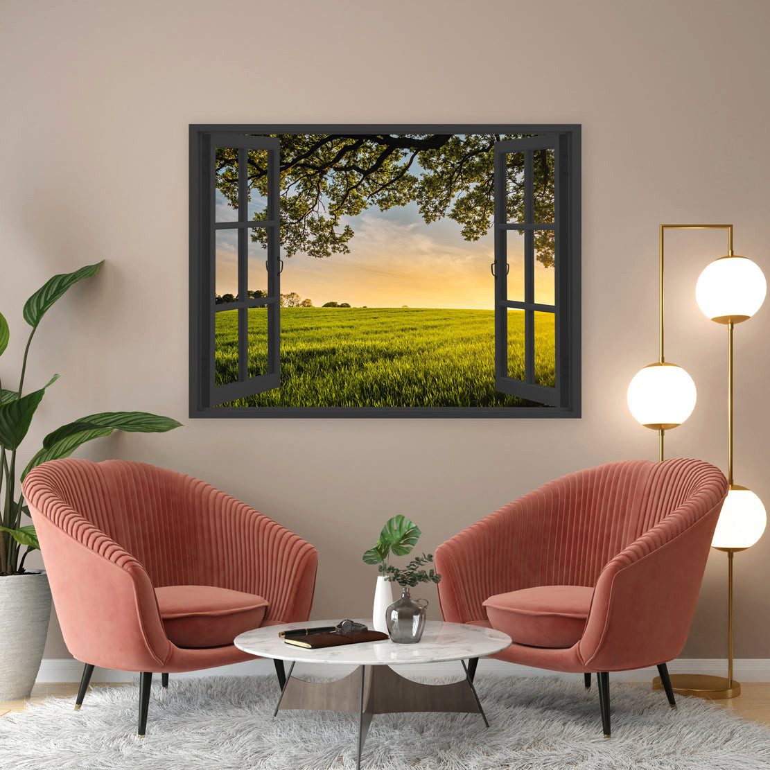 Artedinoi Leinwandbild Fensterblick grüne Wiese Baum Abendsonne Natur Leinwandbild Wandbild, Fensterblick auf Wiese
