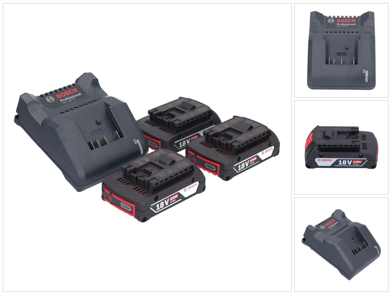 Bosch Professional GAL 18V-20 Akku Ladegerät 10,8 - 18 V 2 A (2607226281) + 3x GBA 18 Schnelllade-Gerät