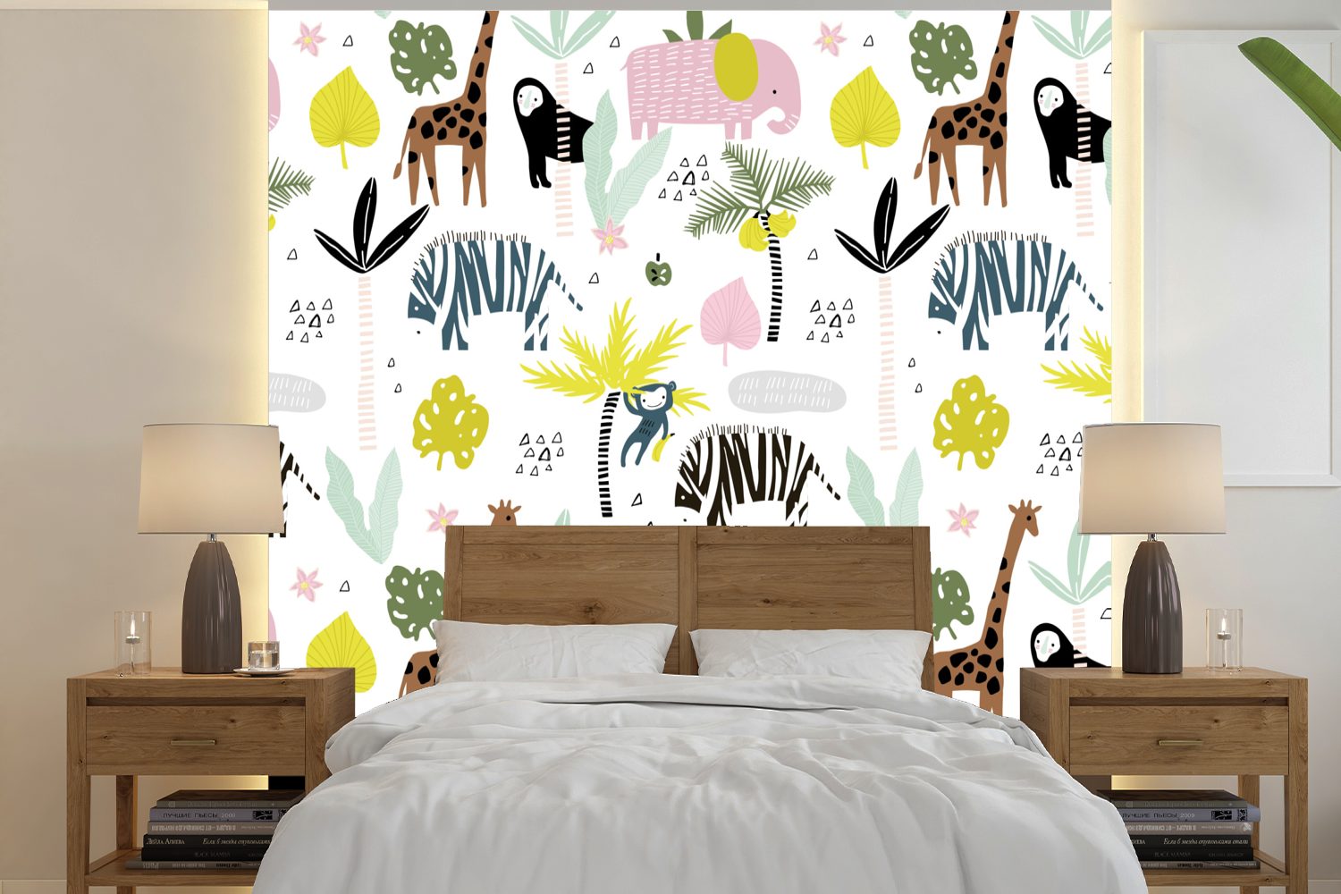 MuchoWow Fototapete Dschungel - Elefant - Affe, Matt, bedruckt, (5 St), Vinyl Tapete für Wohnzimmer oder Schlafzimmer, Wandtapete