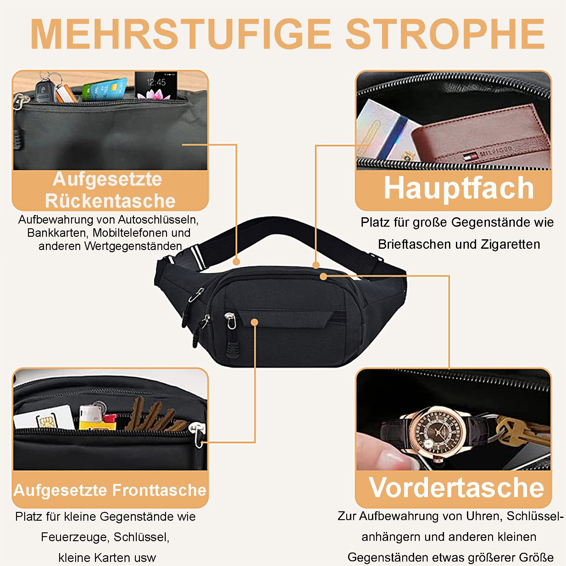 Keyura Schultertasche Bauchtasche für Herren Damen wasserdichte Gürteltasche (mit 4 Einzelfächern Hüfttaschen, Waistbeltbag Unisex, Gürteltasche, schwarz Basics, Festival), für Reise Wanderung Hundespaziergänge und Outdoor-Aktivität