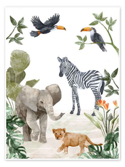 Posterlounge Poster Goed Blauw, Dschungelbabys, Kindergarten Illustration