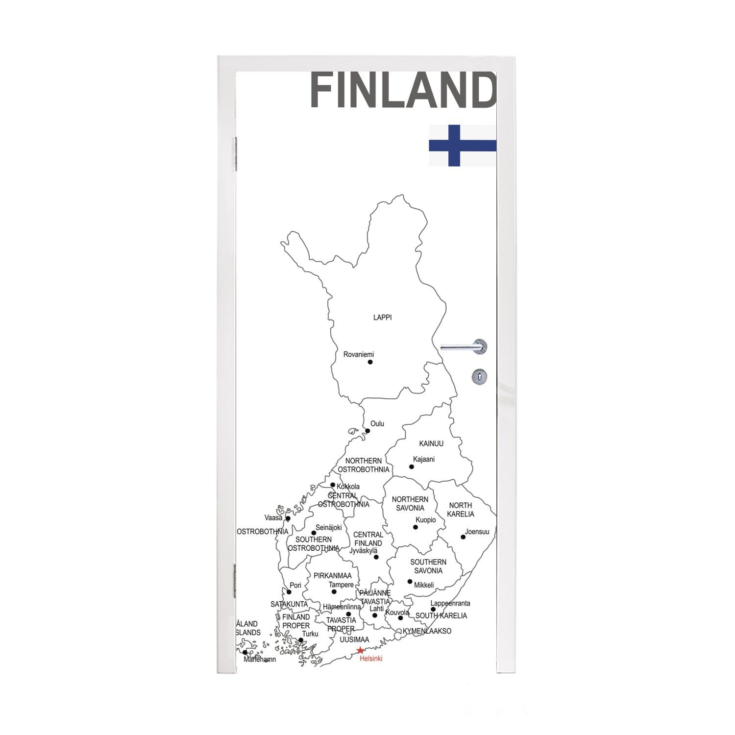 MuchoWow Türtapete Illustration einer Karte von Finnland und Helsinki, Matt, bedruckt, (1 St), Fototapete für Tür, Türaufkleber, 75x205 cm | Türtapeten