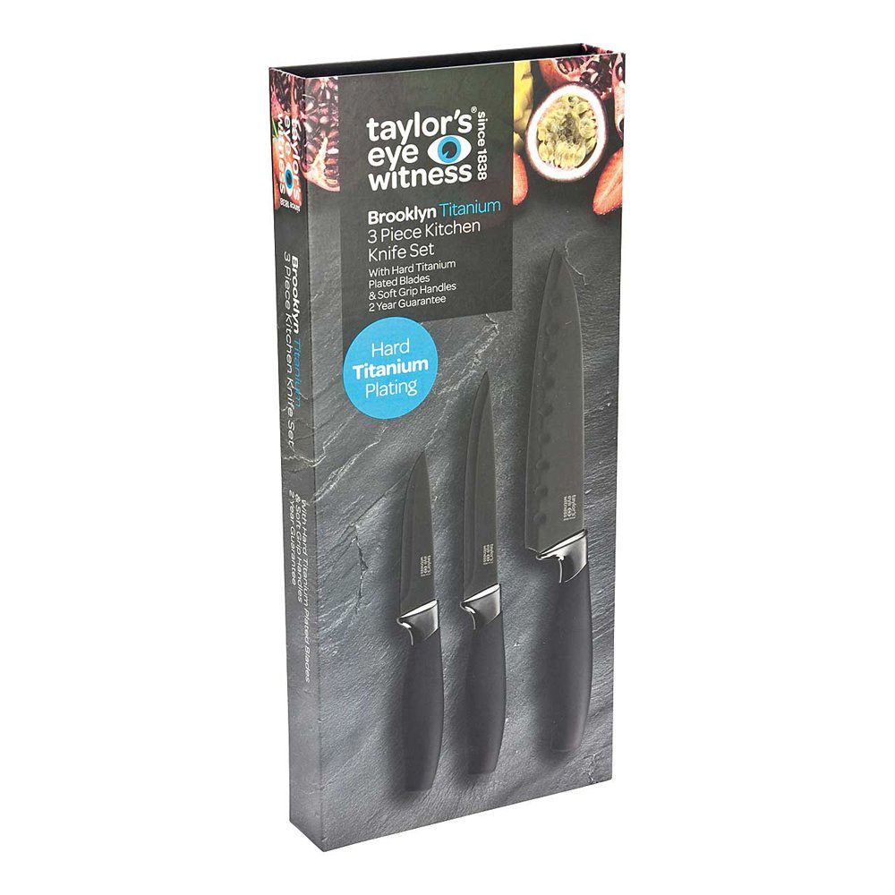 Taylor's Eye Messer-Set 3 tlg. Küchenmesser-Set BROOKLYN Titanium (für Schneidarbeiten wie Gemüse, Fleisch, Obst und Kräuter), praktisches 3-teiliges Küchenmesser-Set – ideale Grundausstattung