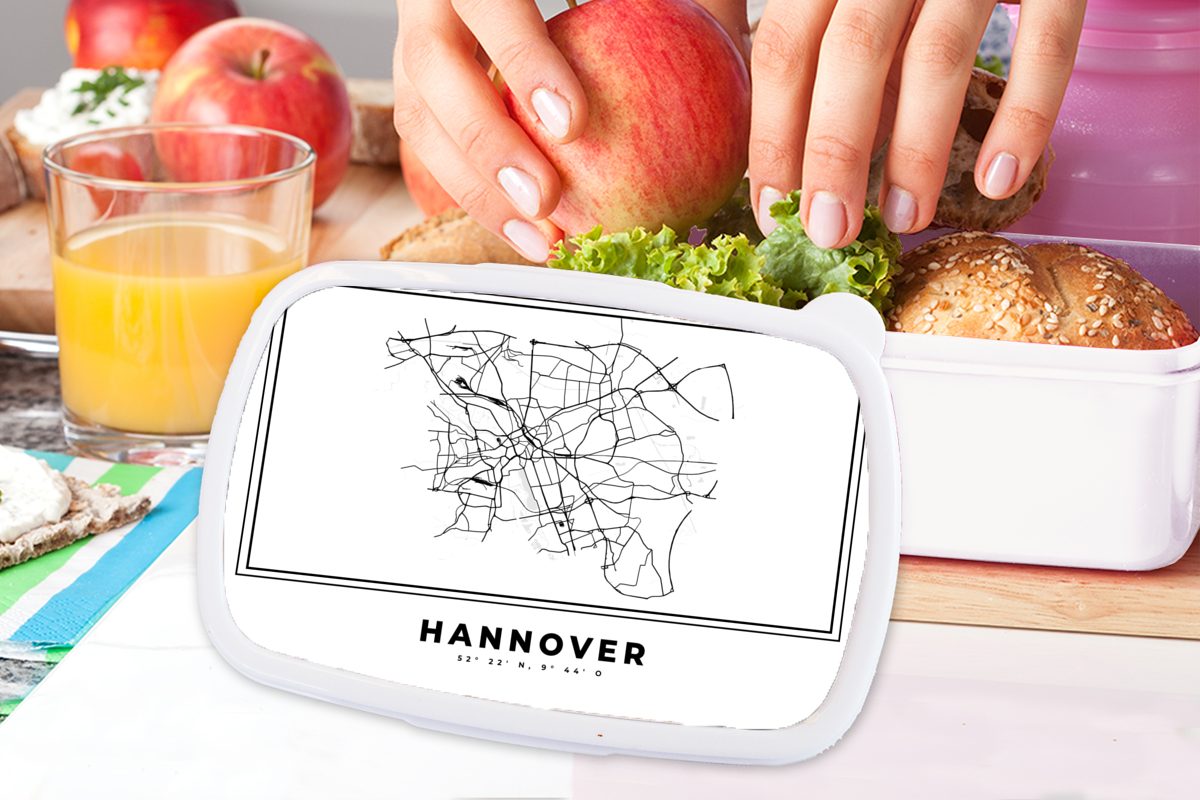 Karte Brotdose, - Deutschland Stadtplan Lunchbox (2-tlg), - - für Kunststoff, Erwachsene, Kinder MuchoWow Brotbox Jungs Schwarz weiß und Hannover, und - Mädchen und für