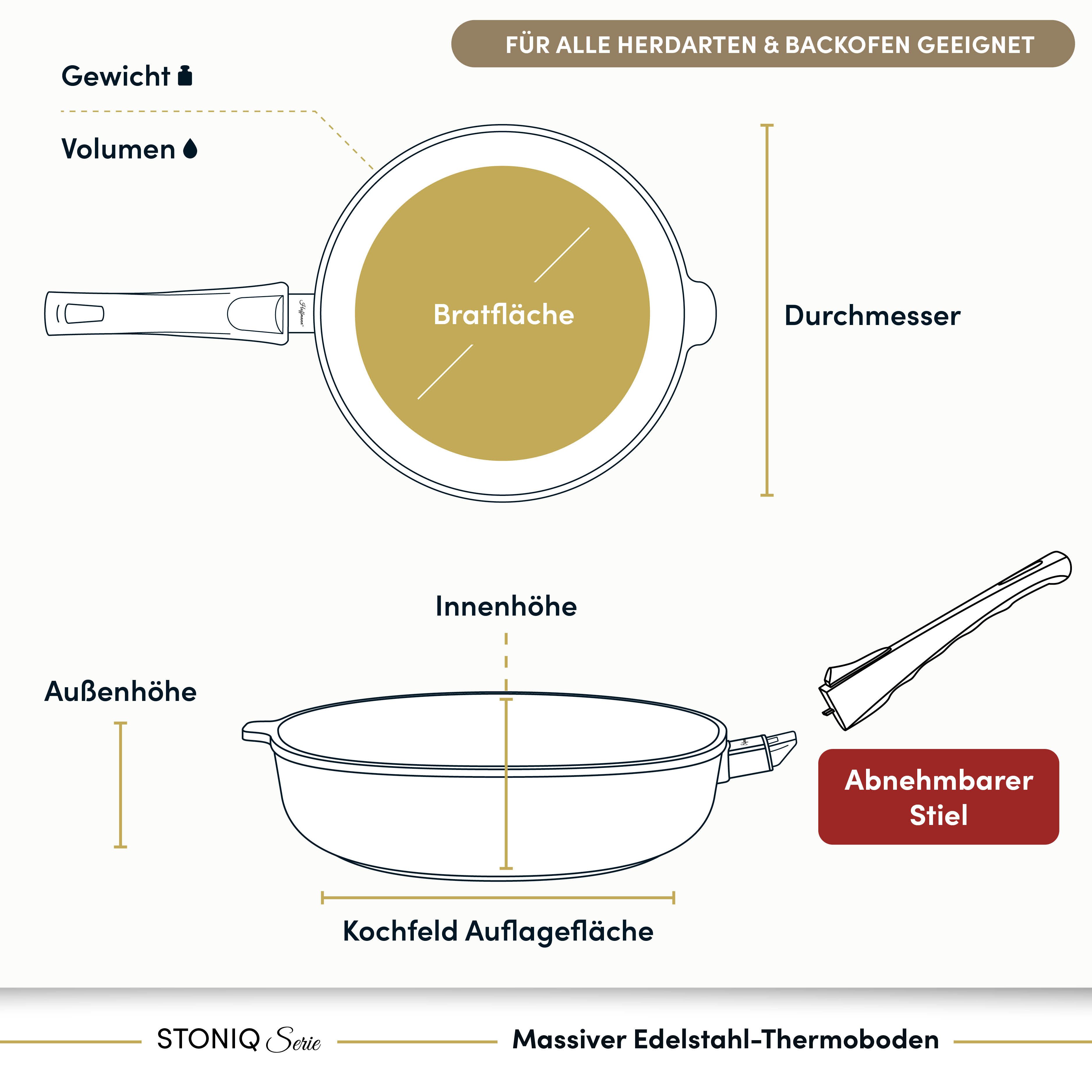 Hoffmann Germany Bratpfanne STONIQ PFAS-frei Ø 24 cm hoher Rand – Made in Germany, Aluguss (1-tlg., 1x Pfanne Ø 24 cm mit hohem Rand), abnehmbarer Griff, backofenfest bis 300°C, Induktion Schmorpfanne