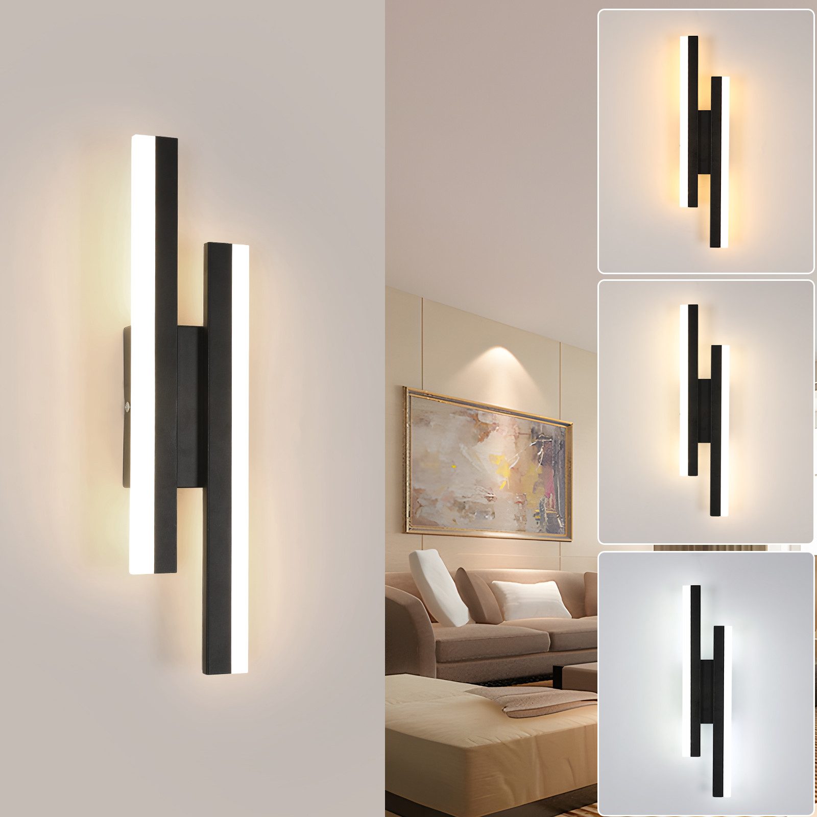 Riserva LED Wandleuchte LED Wandleuchte Innen Modern 16W, 6500K Kaltweiß, Schwarz, 40cm, LED wechselbar, Tageslichtweiß, Wandlampe Linear Lange für Schlafzimmer,Wohnzimmer,Flur,Treppenhaus