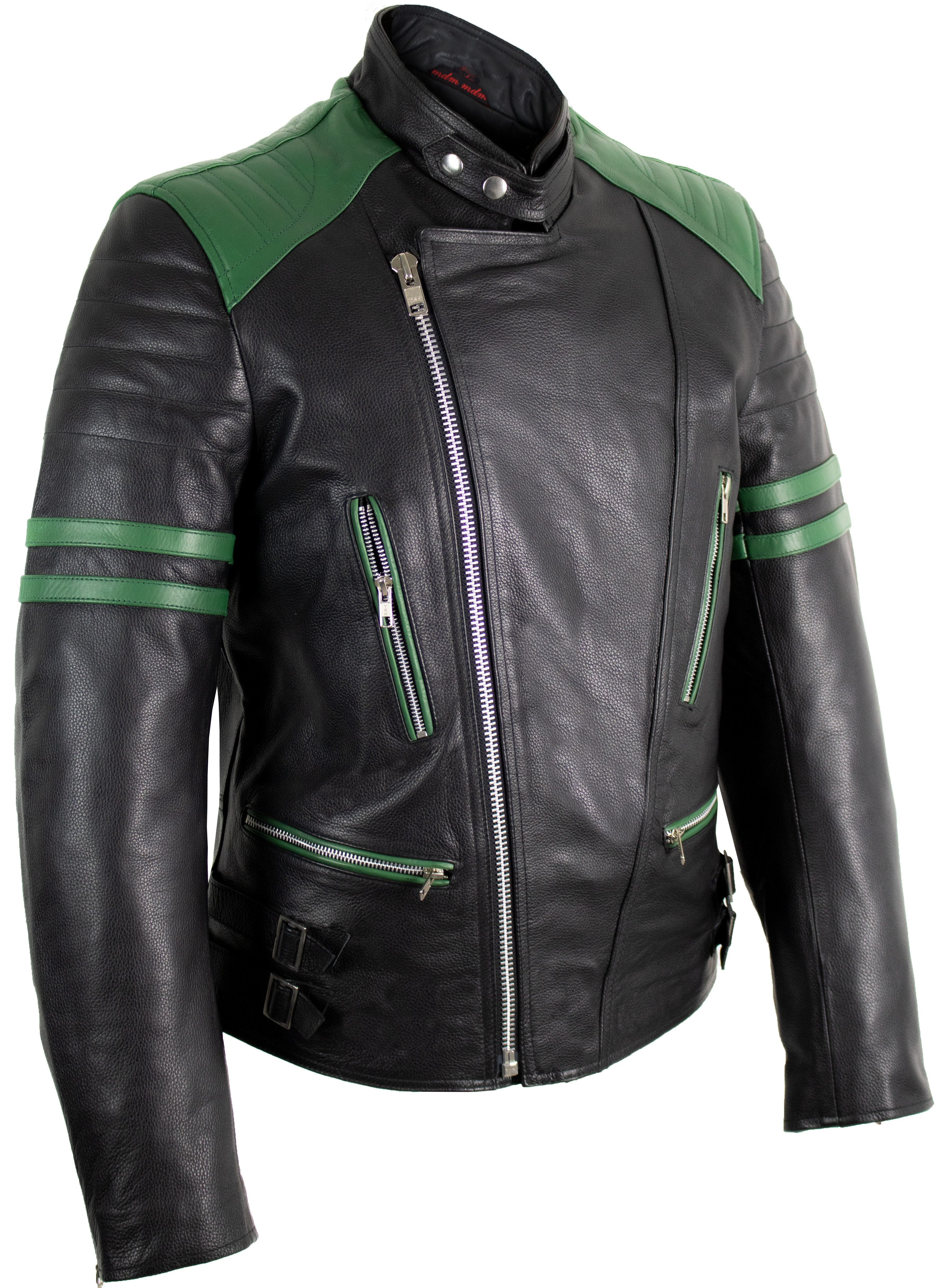 MDM Motorradjacke Herren Motorrad Lederjacke Retro Biker Schwarz Rot (Einzelartikel mit Protektoren, Motorrad Lederjacke Herren, Bikerjacke, Echtleder, Protektoren) mit Protektoren Schulter Ellbogen Rücken